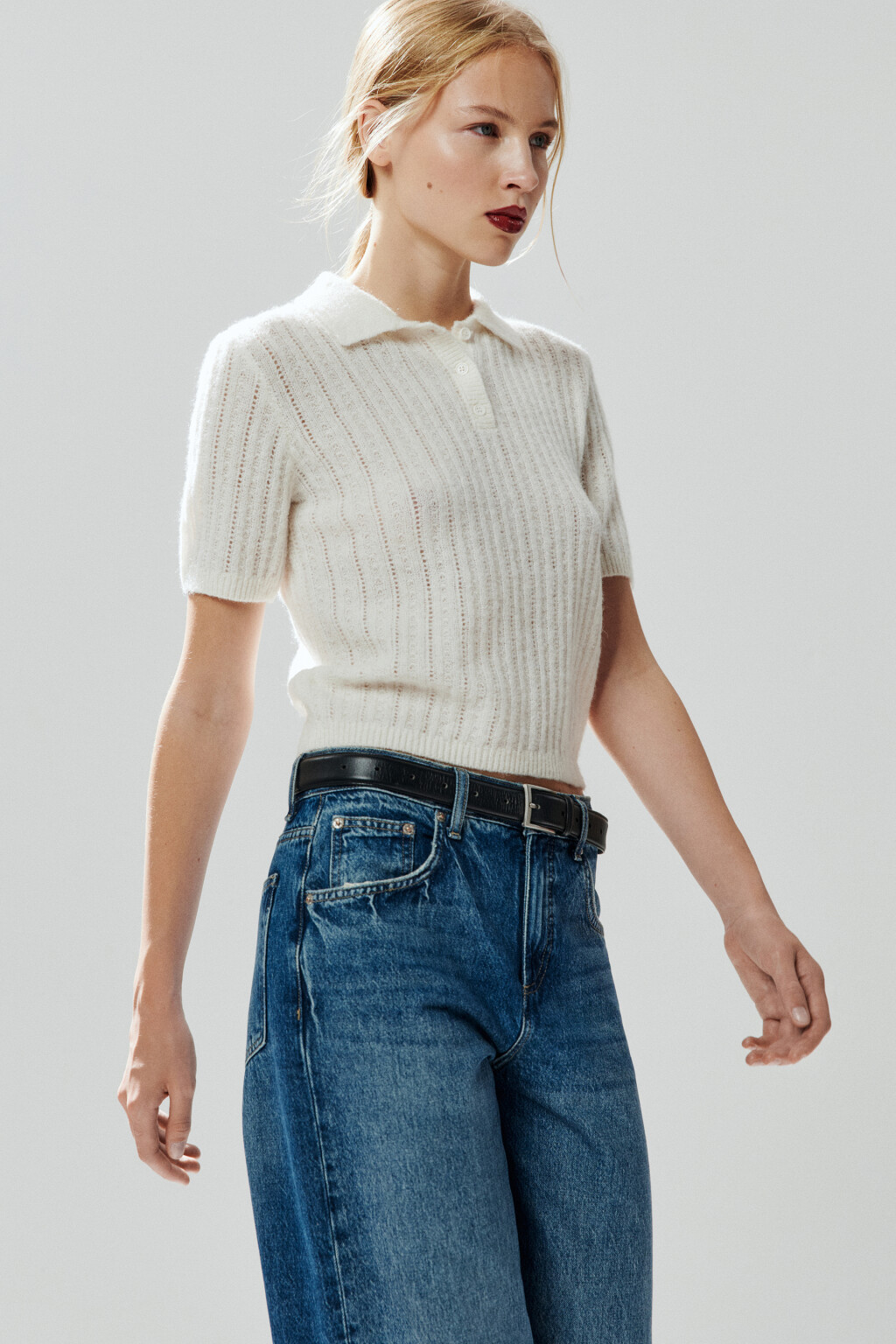 Джемпер-поло вязаный с узором - цвет молочный - 2