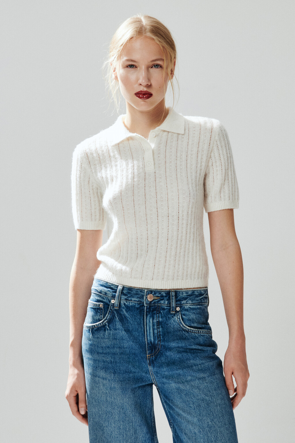 Джемпер-поло вязаный с узором - цвет молочный - 3