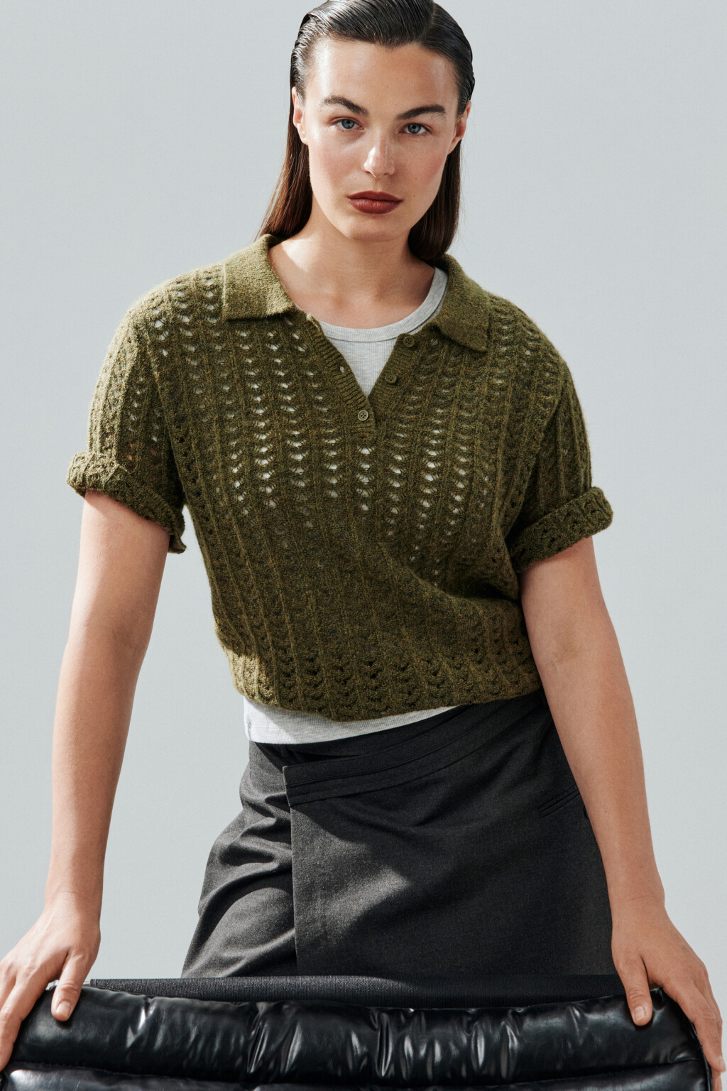 Джемпер-поло вязаный с узором - цвет зеленый - 1