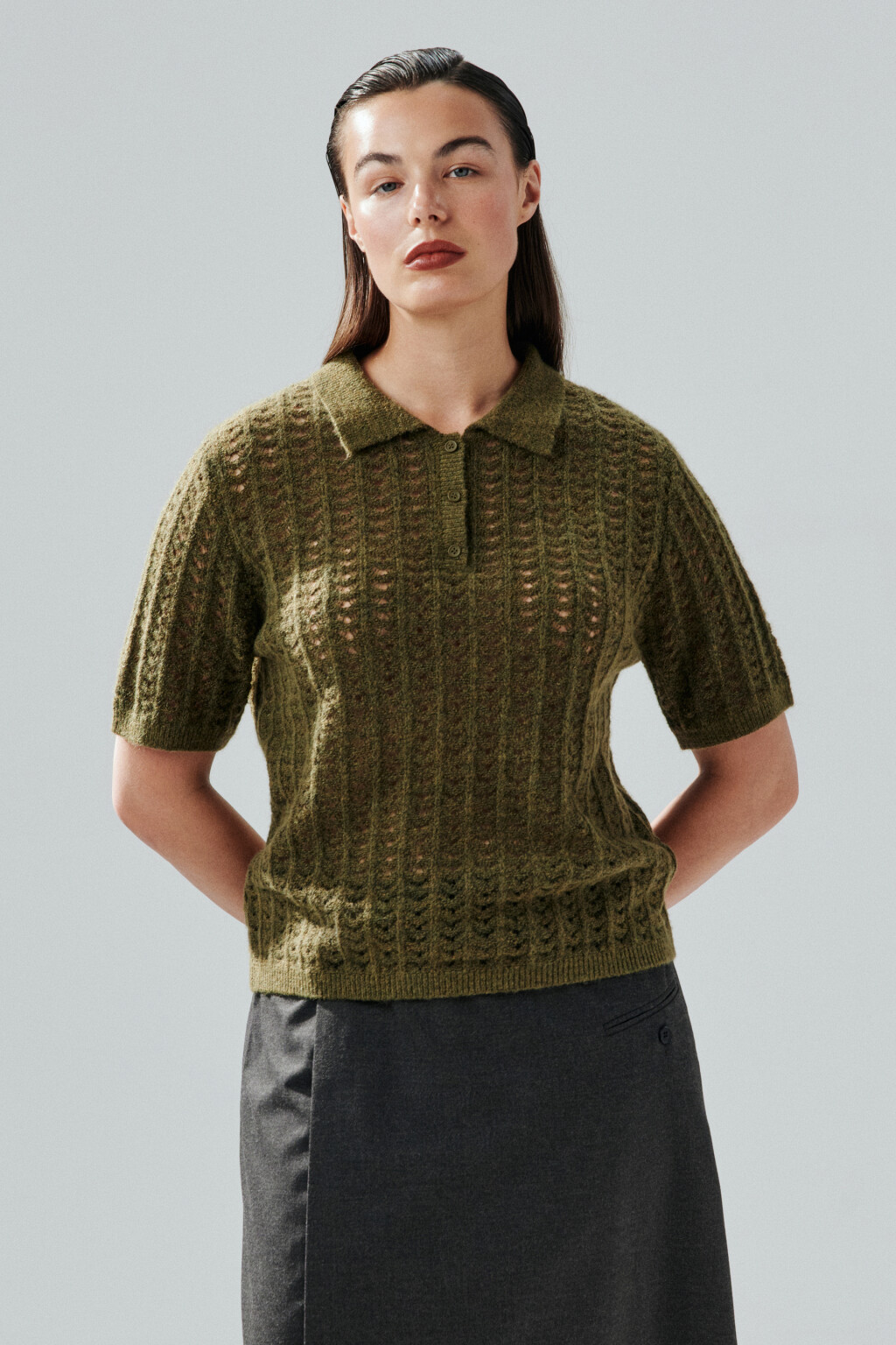 Джемпер-поло вязаный с узором - цвет зеленый - 3
