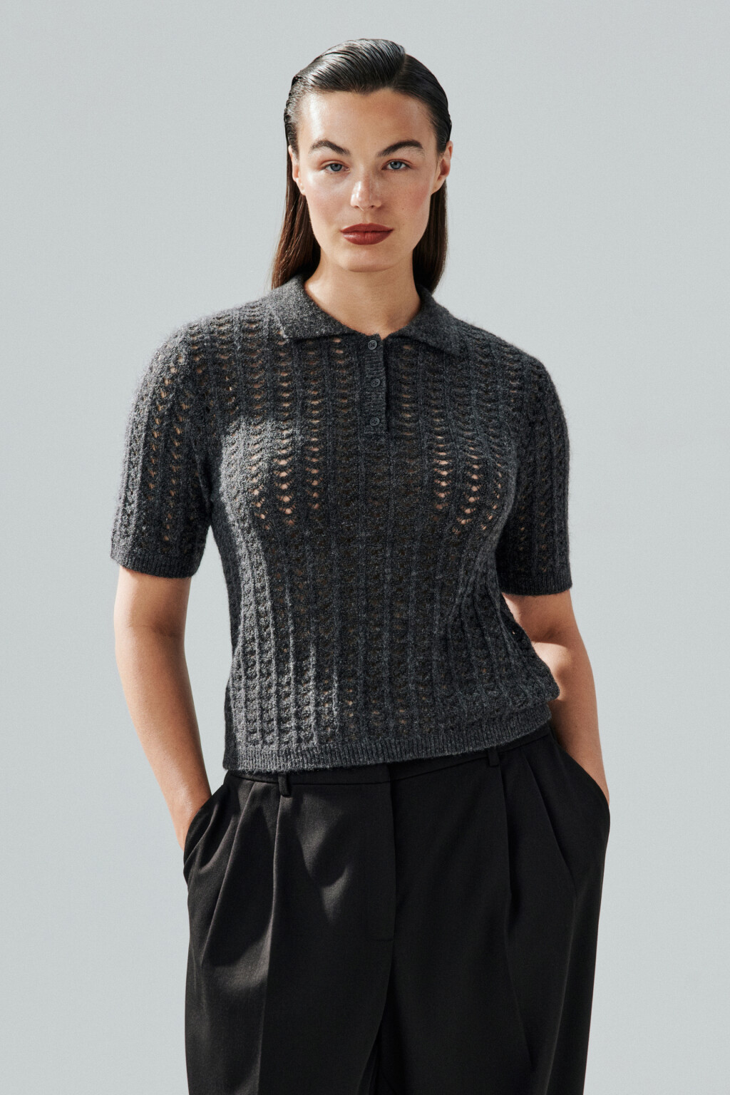 Джемпер-поло вязаный с узором - цвет серый - 2