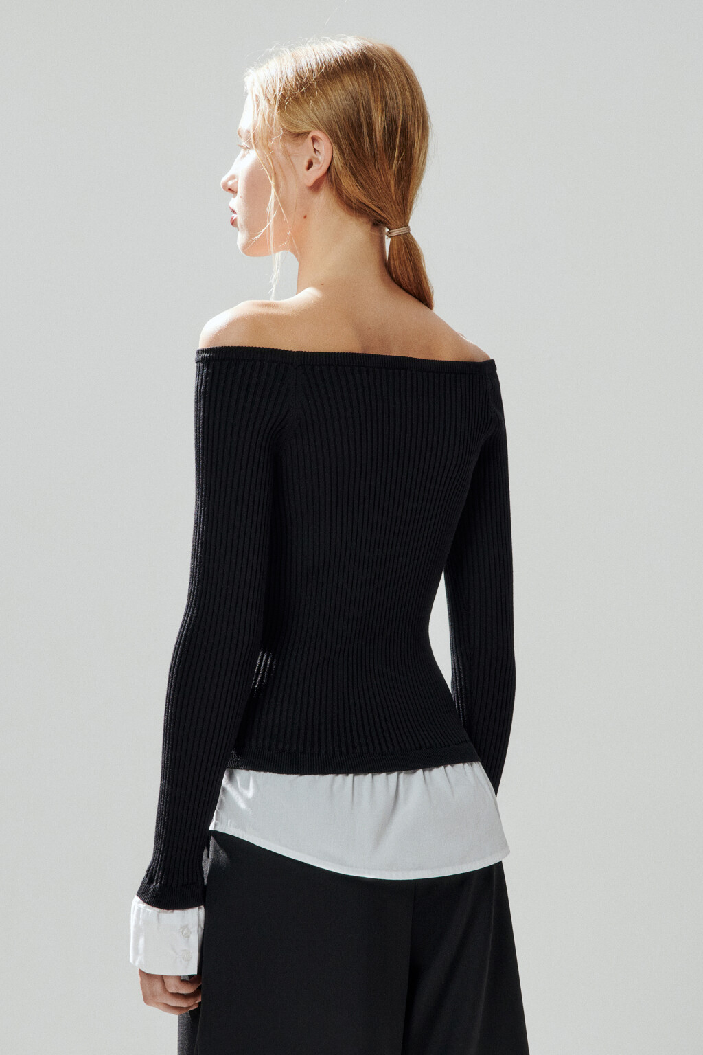 Джемпер off-shoulders с имитацией рубашки - цвет черный - 3