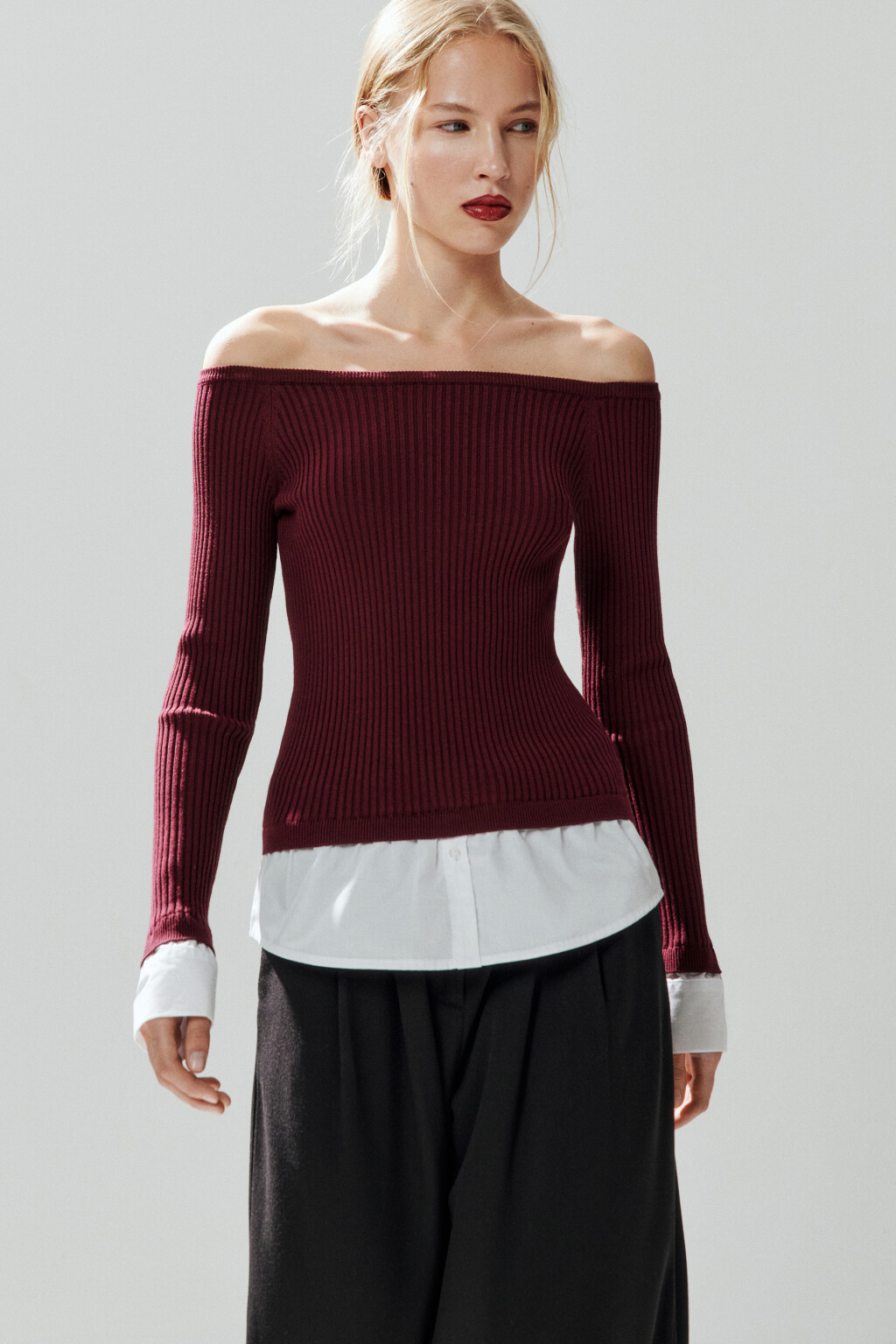 Джемпер off-shoulders с имитацией рубашки - цвет бордовый - 1