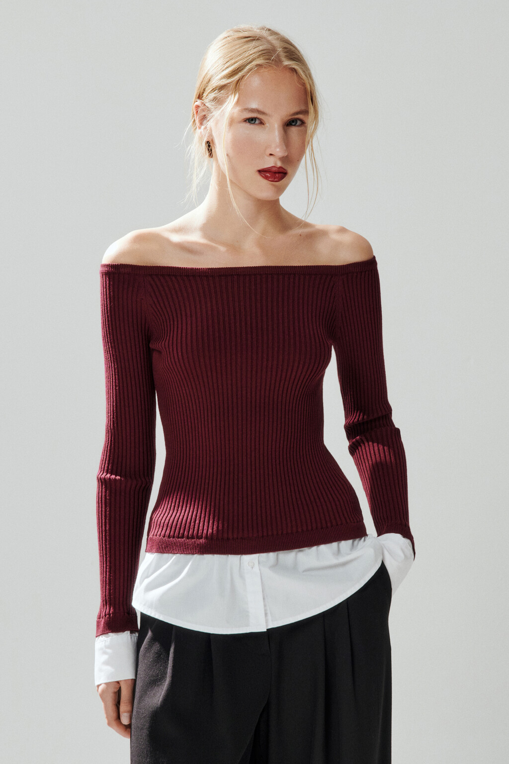 Джемпер off-shoulders с имитацией рубашки - цвет бордовый - 2