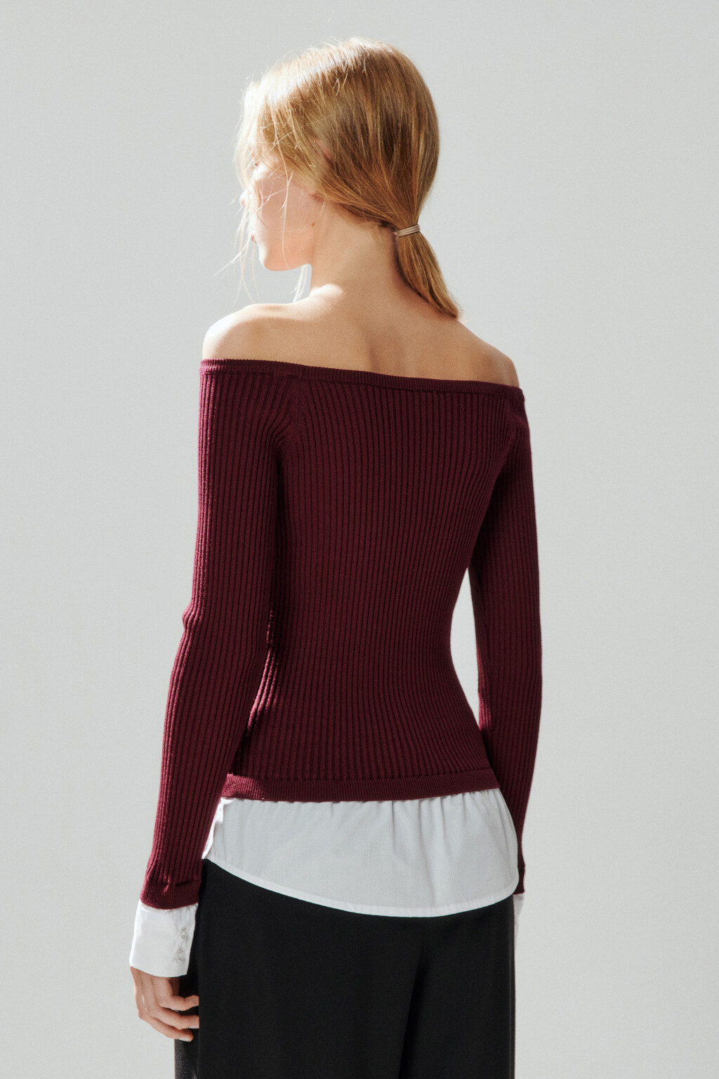 Джемпер off-shoulders с имитацией рубашки - цвет бордовый - 3