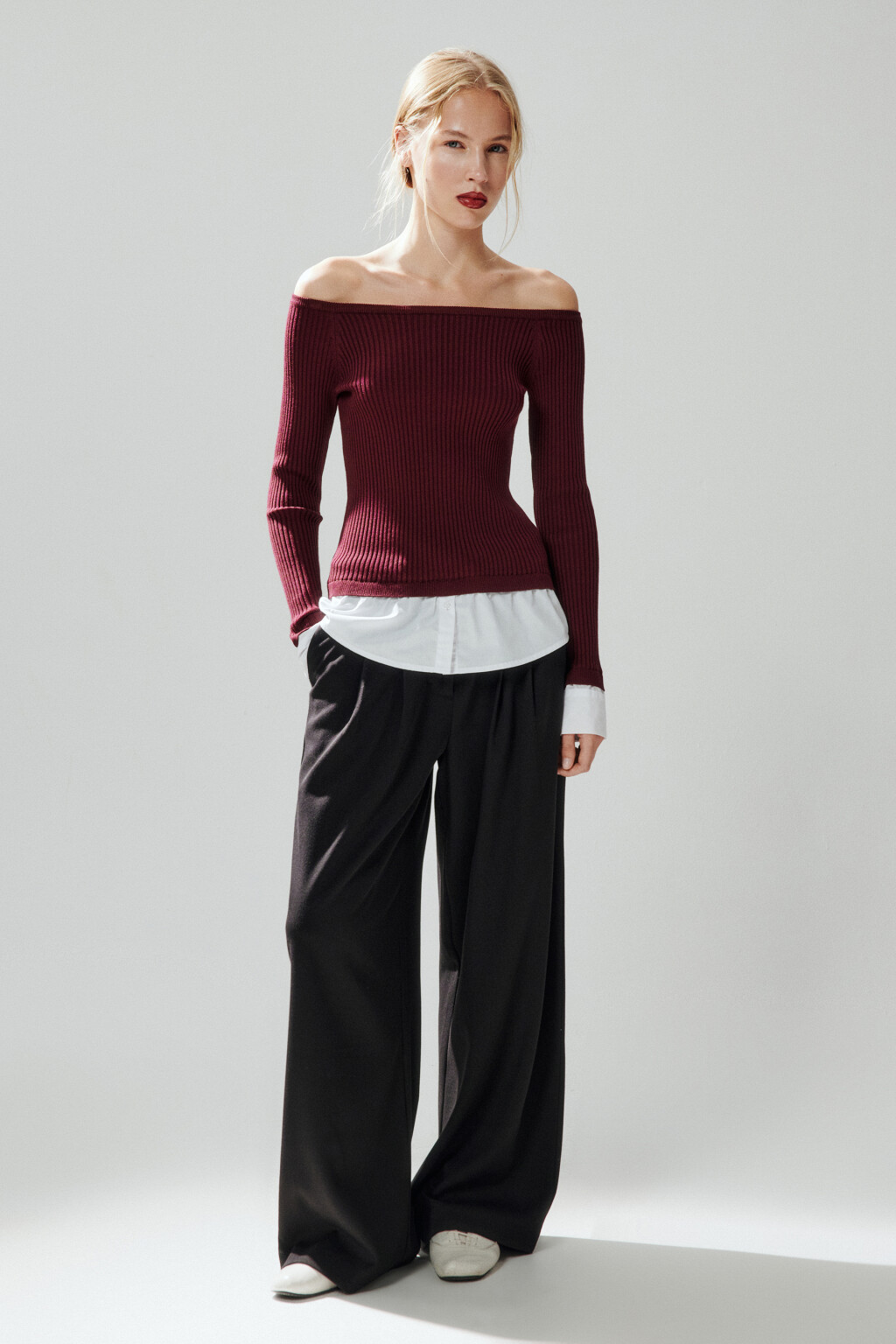 Джемпер off-shoulders с имитацией рубашки - цвет бордовый - 4