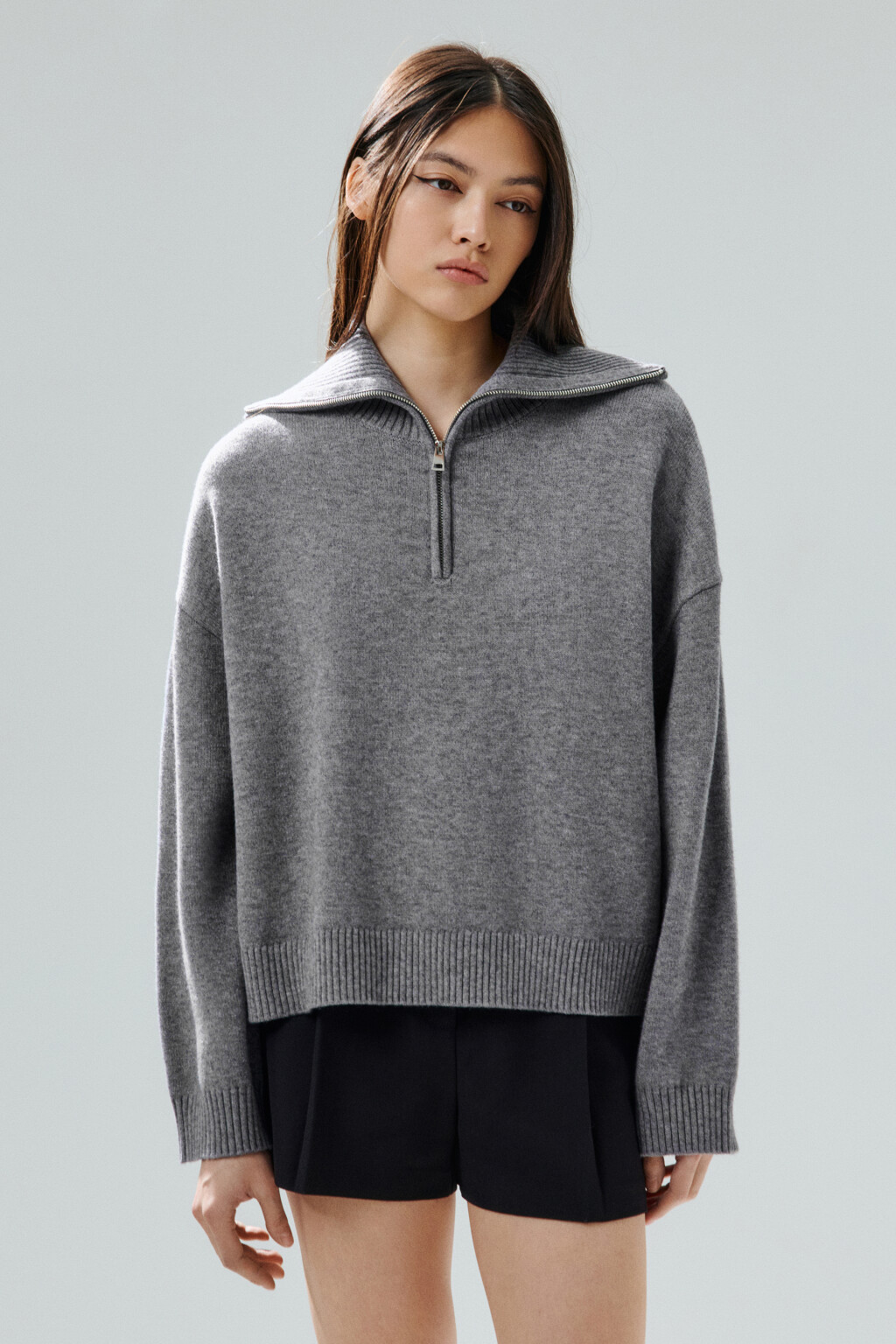 Свитер с воротником на молнии - цвет серый - 2