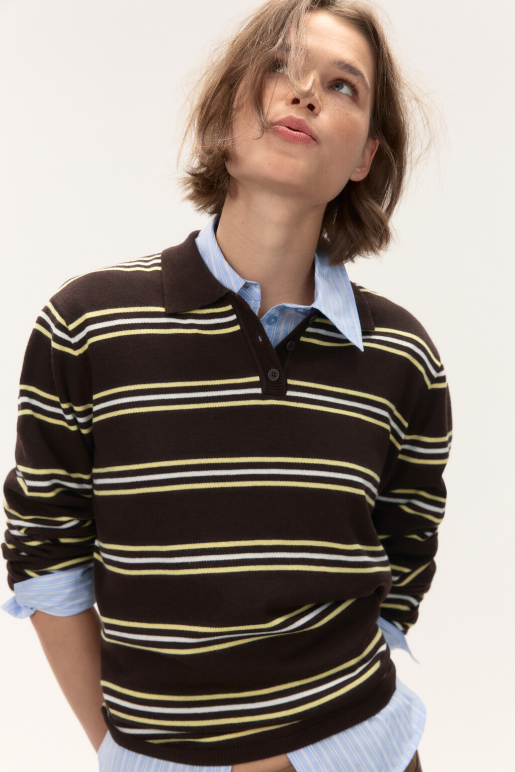 Джемпер-поло в полоску - цвет коричневый - 1
