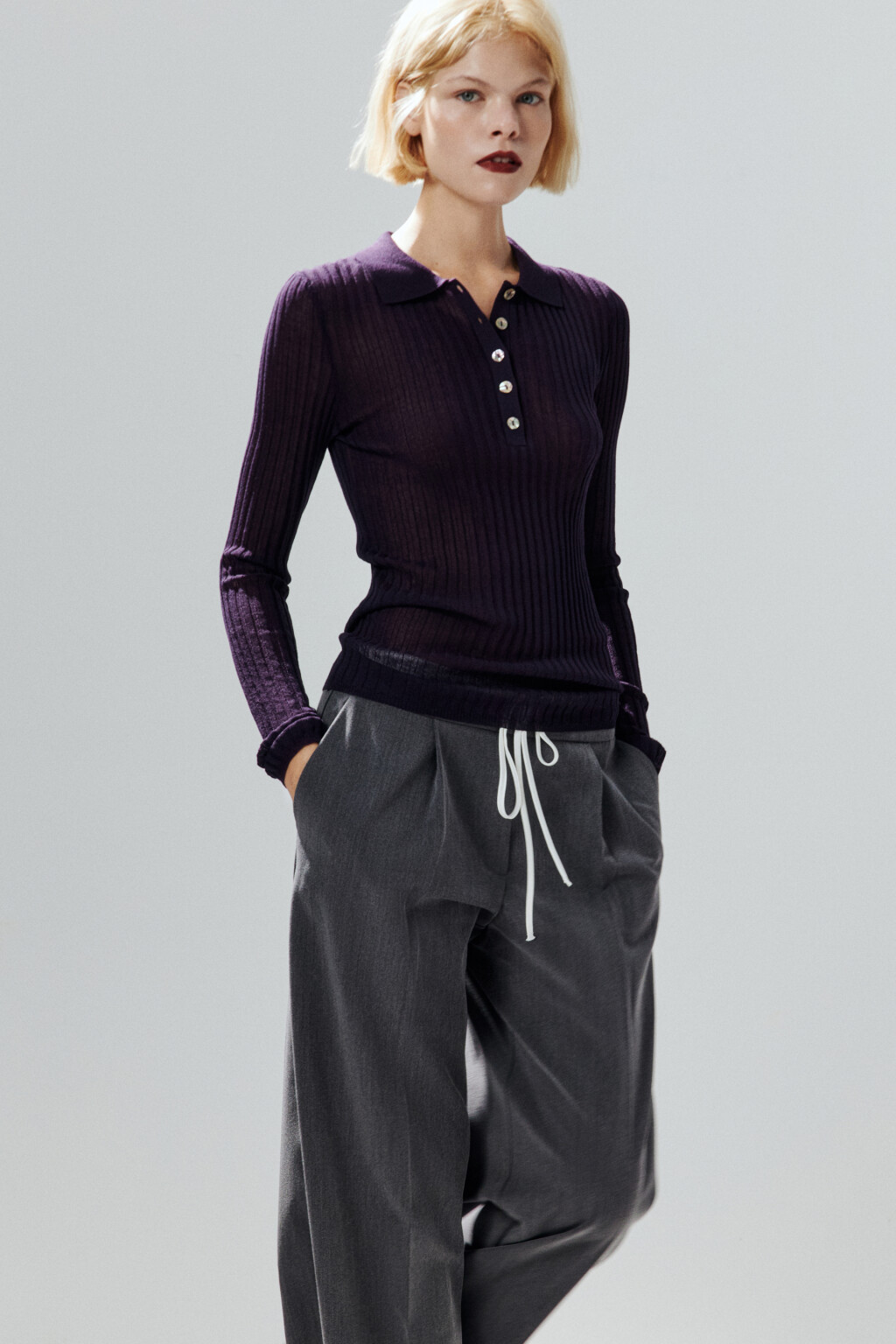 Джемпер-поло вискозный в рубчик - цвет фиолетовый - 1