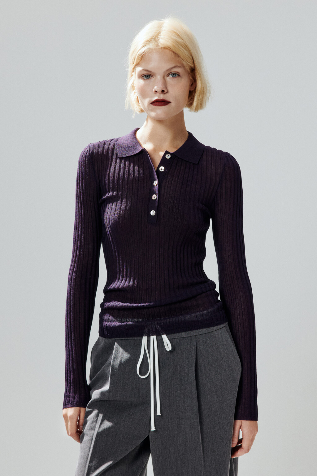 Джемпер-поло вискозный в рубчик - цвет фиолетовый - 2