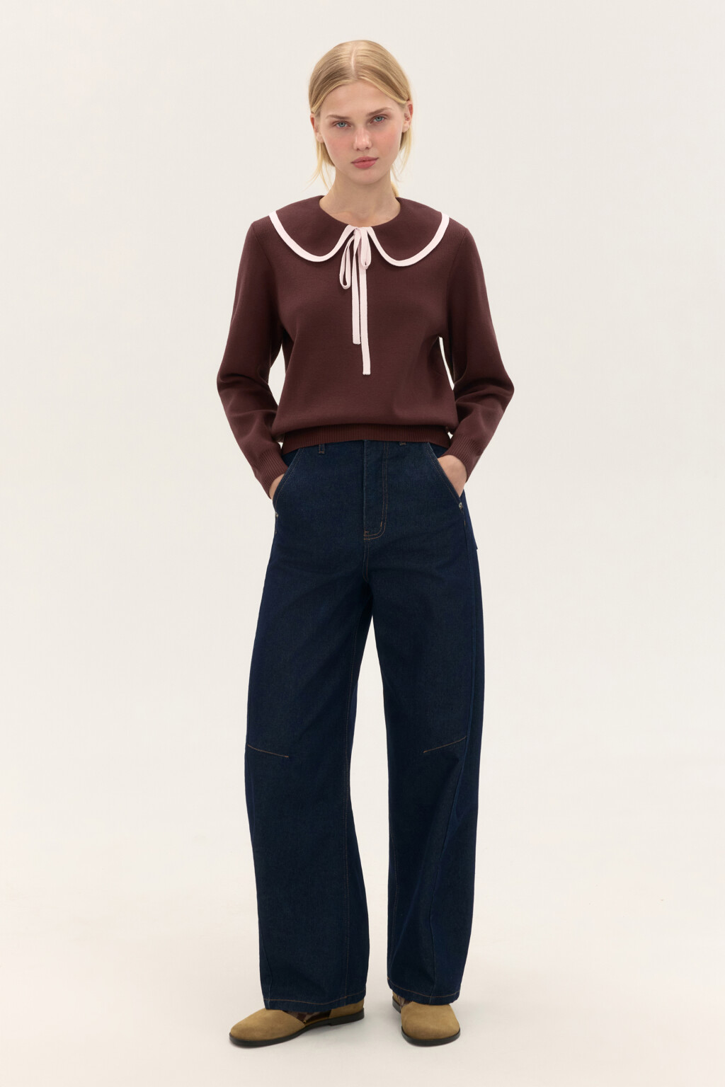 Джемпер вязаный с воротником - цвет коричневый - 4