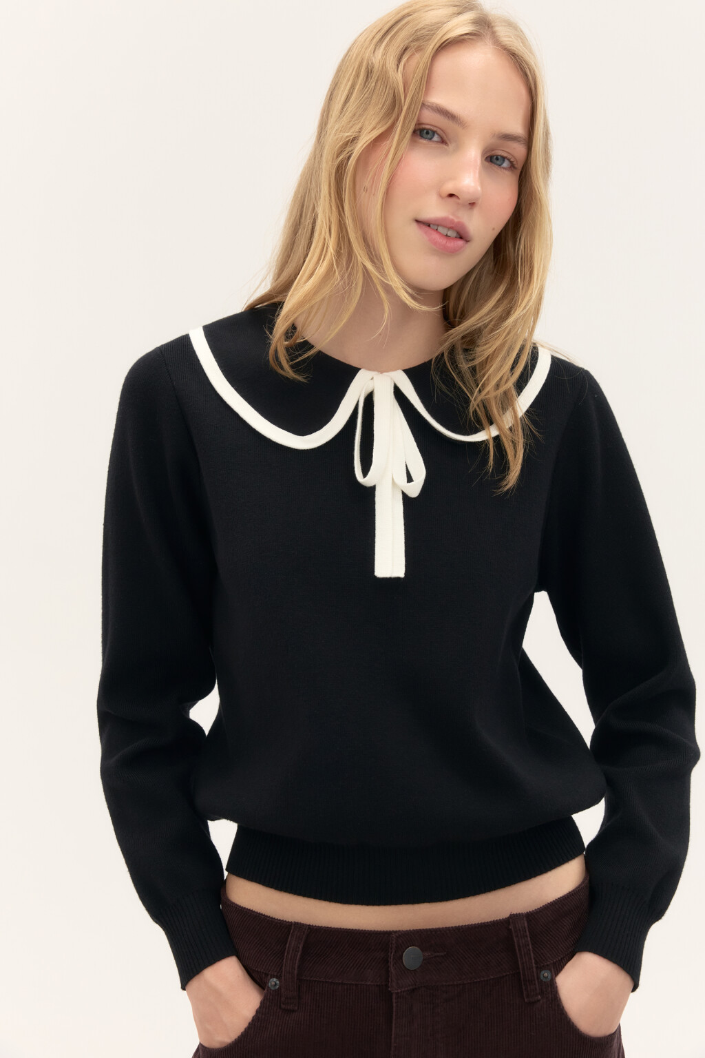 Джемпер вязаный с воротником - цвет черный - 1