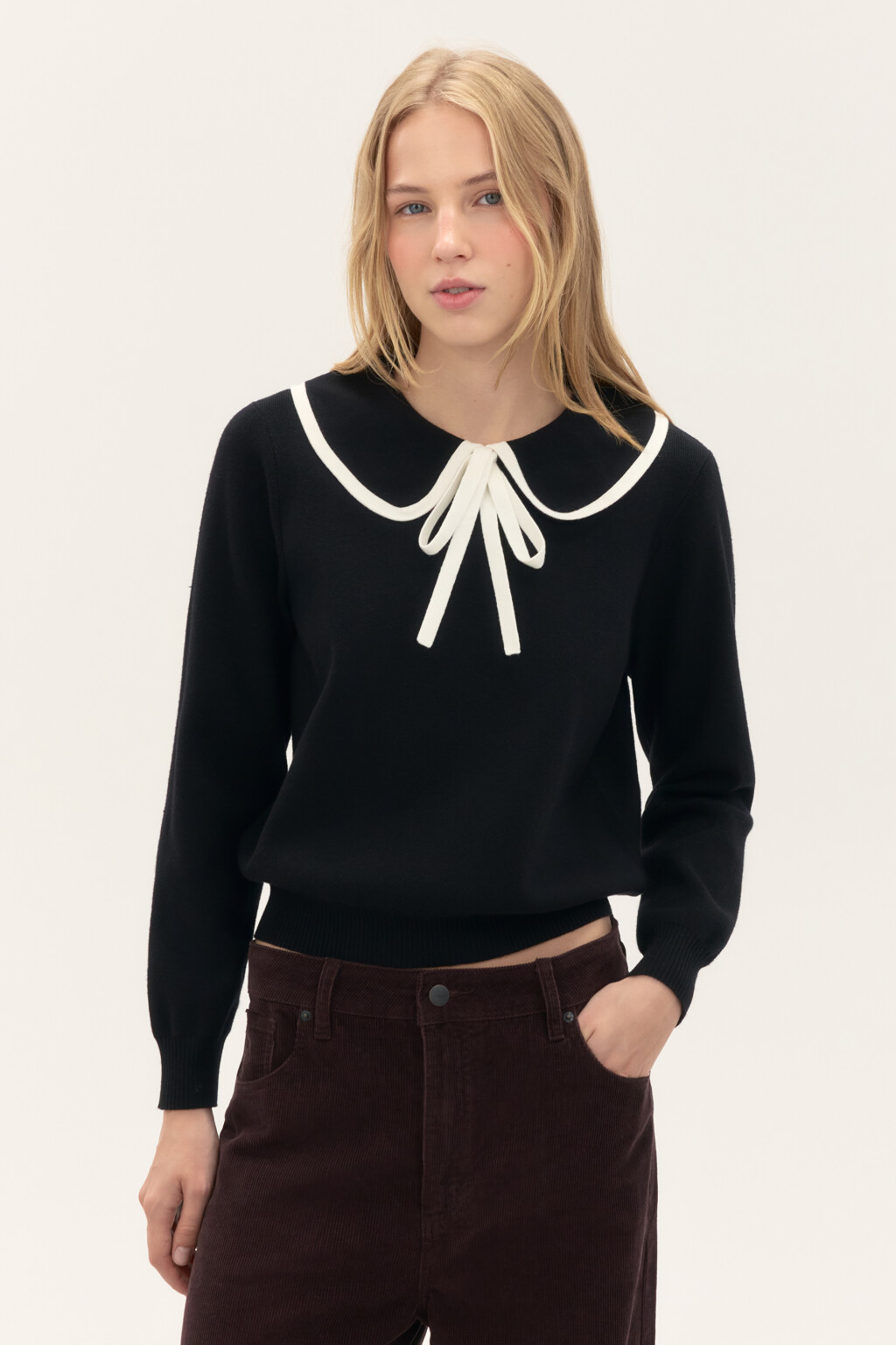 Джемпер вязаный с воротником - цвет черный - 2