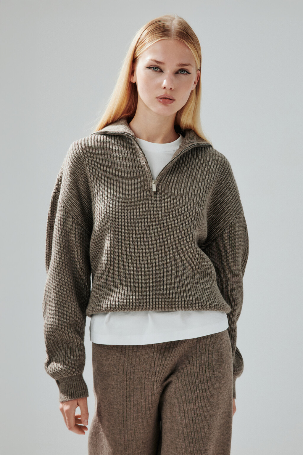 Джемпер на молнии в рубчик - цвет бежевый - 1