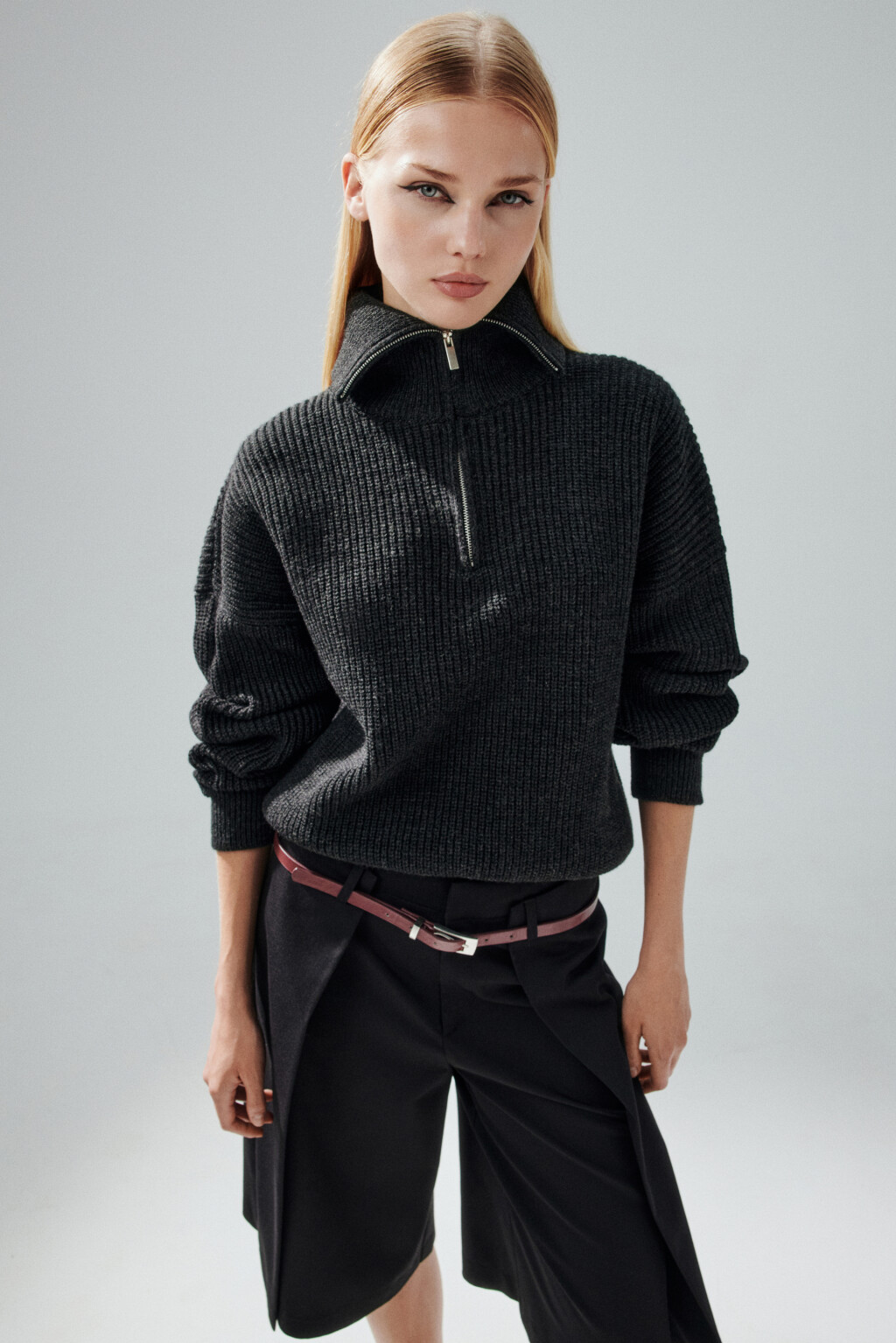 Джемпер на молнии в рубчик - цвет серый - 1