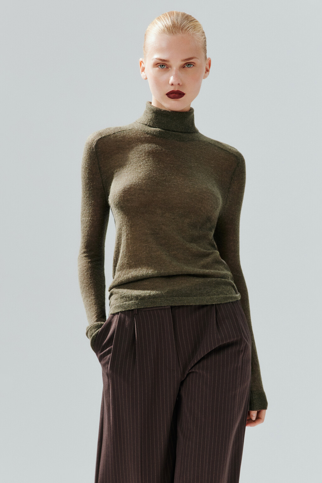 Водолазка тонкой вязки с шерстью - цвет зеленый - 1