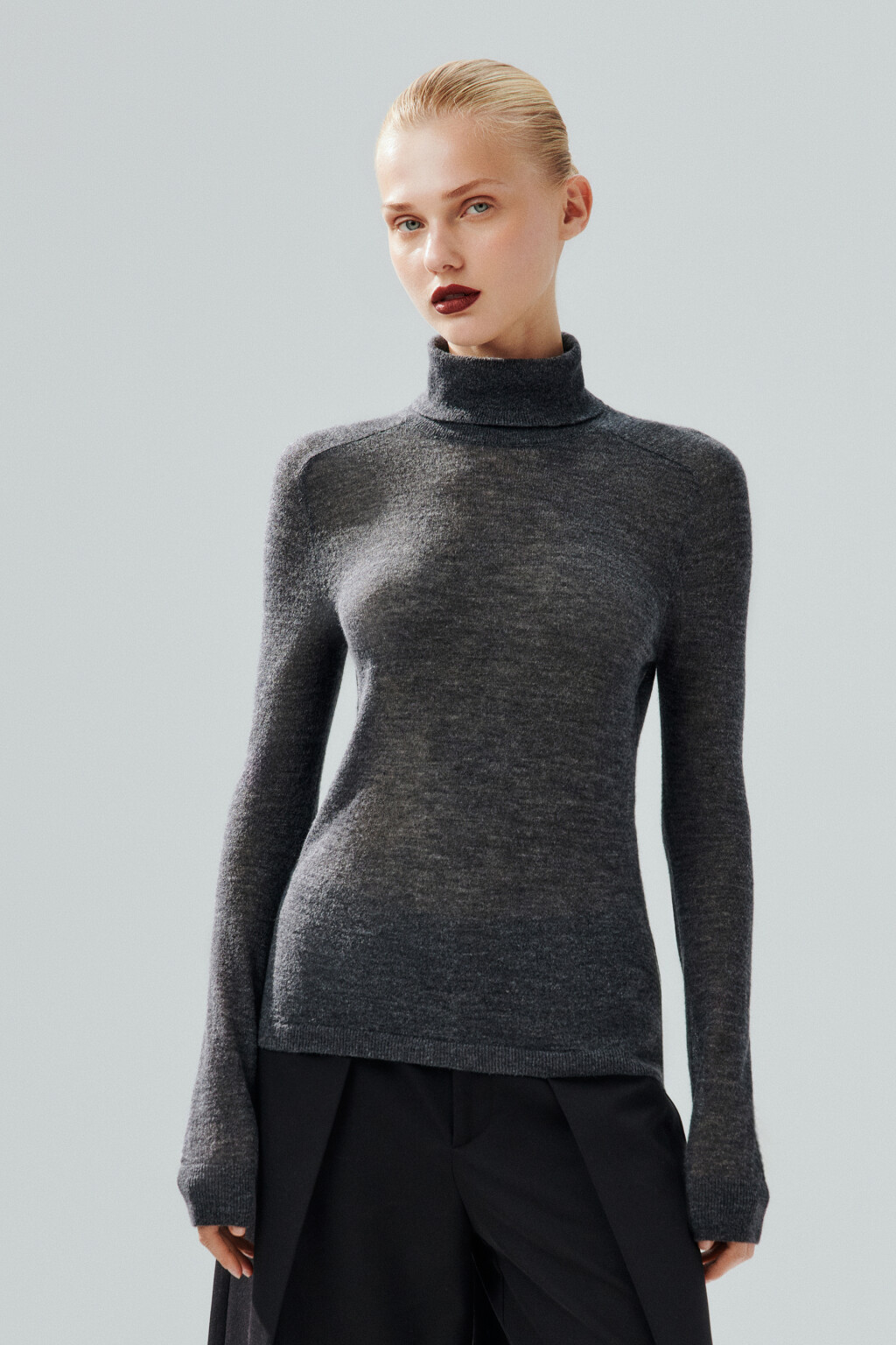 Водолазка тонкой вязки с шерстью - цвет серый - 2