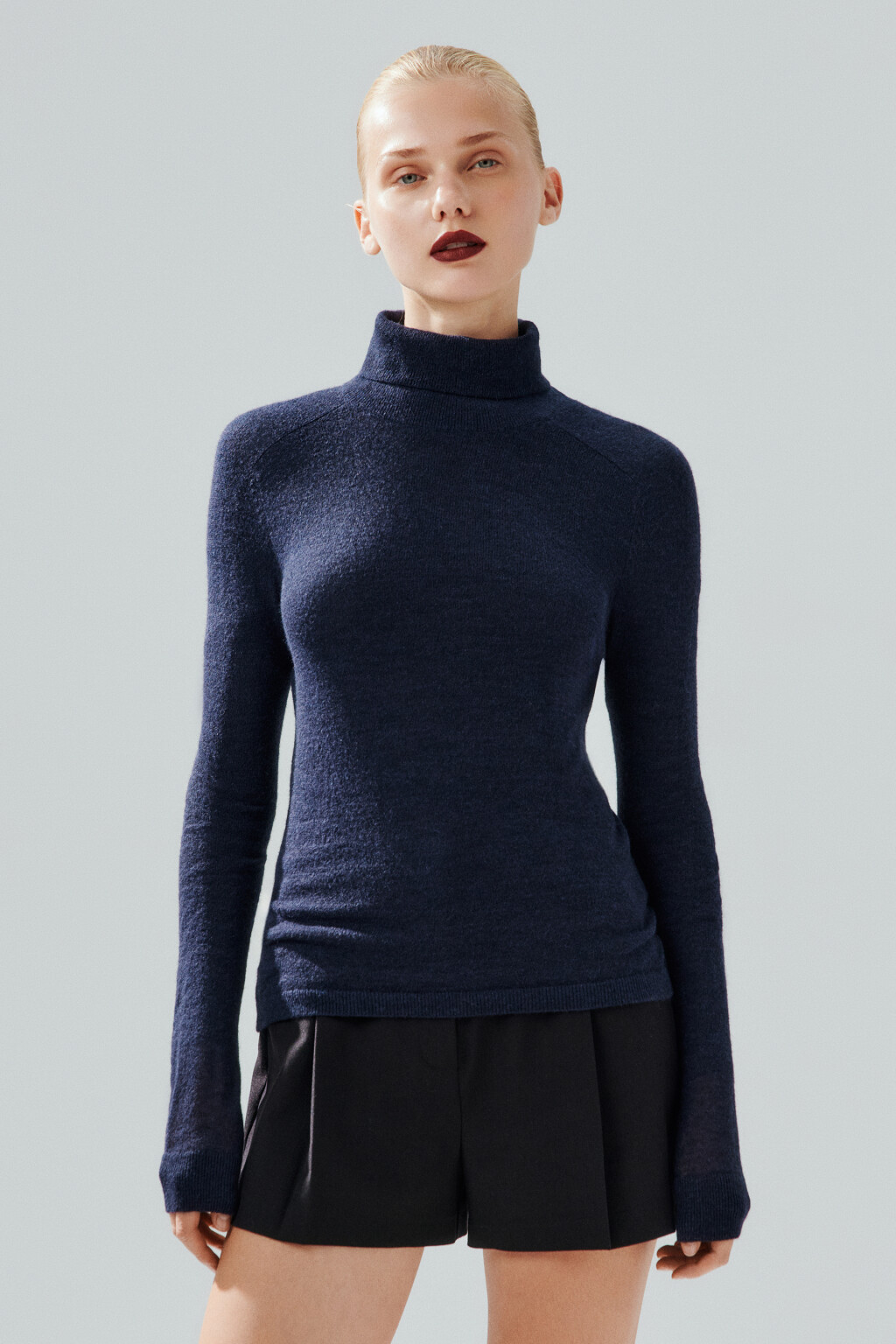 Водолазка тонкой вязки с шерстью - цвет синий - 2