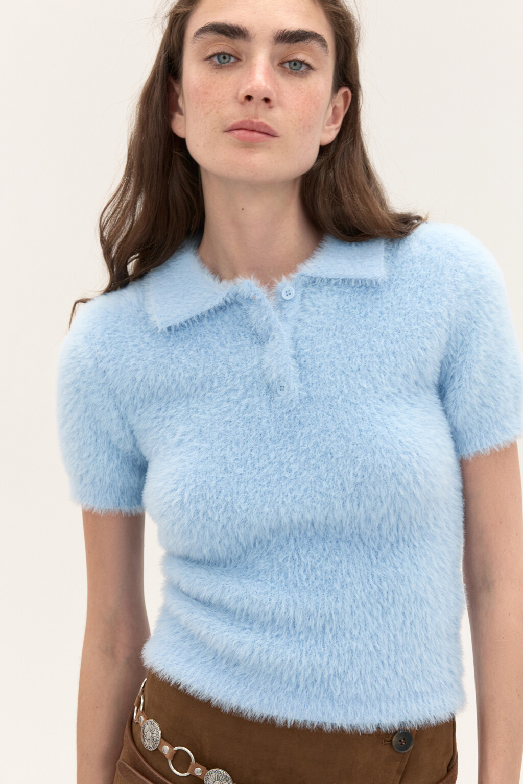 Джемпер-поло из пушистой пряжи - цвет голубой - 1