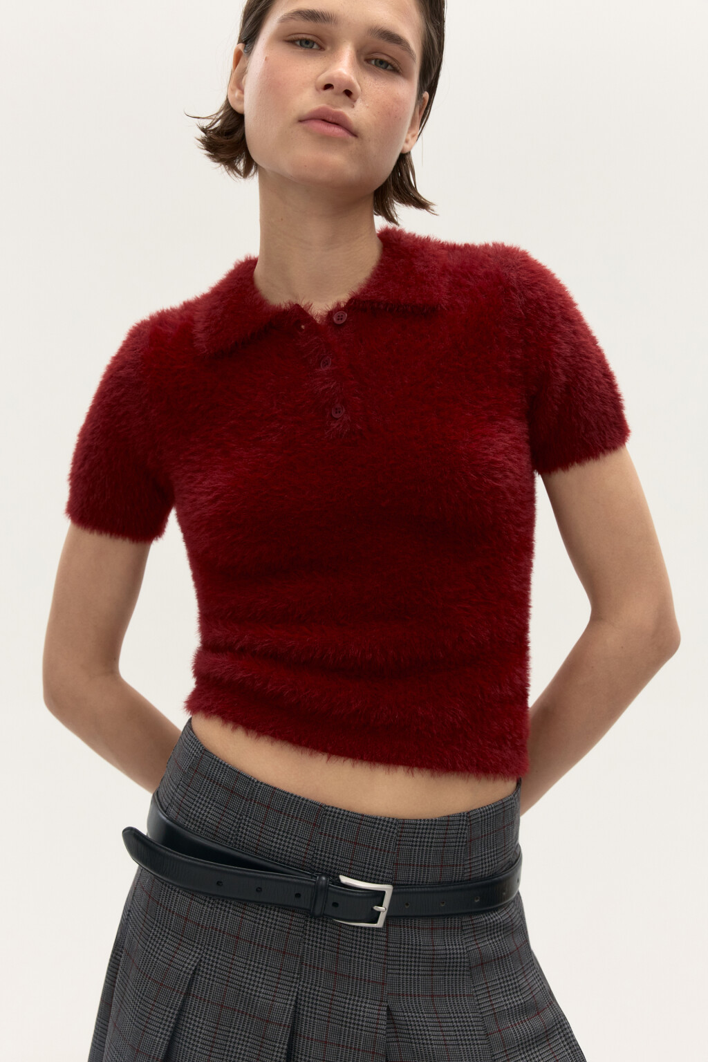 Джемпер-поло из пушистой пряжи - цвет красный - 1