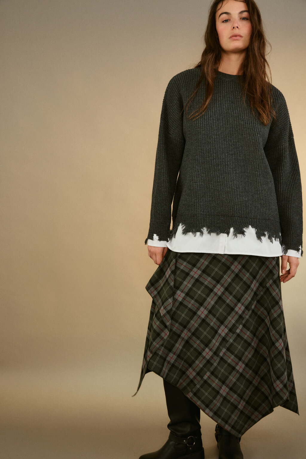 Джемпер рваный с имитацией рубашки - цвет серый - 1