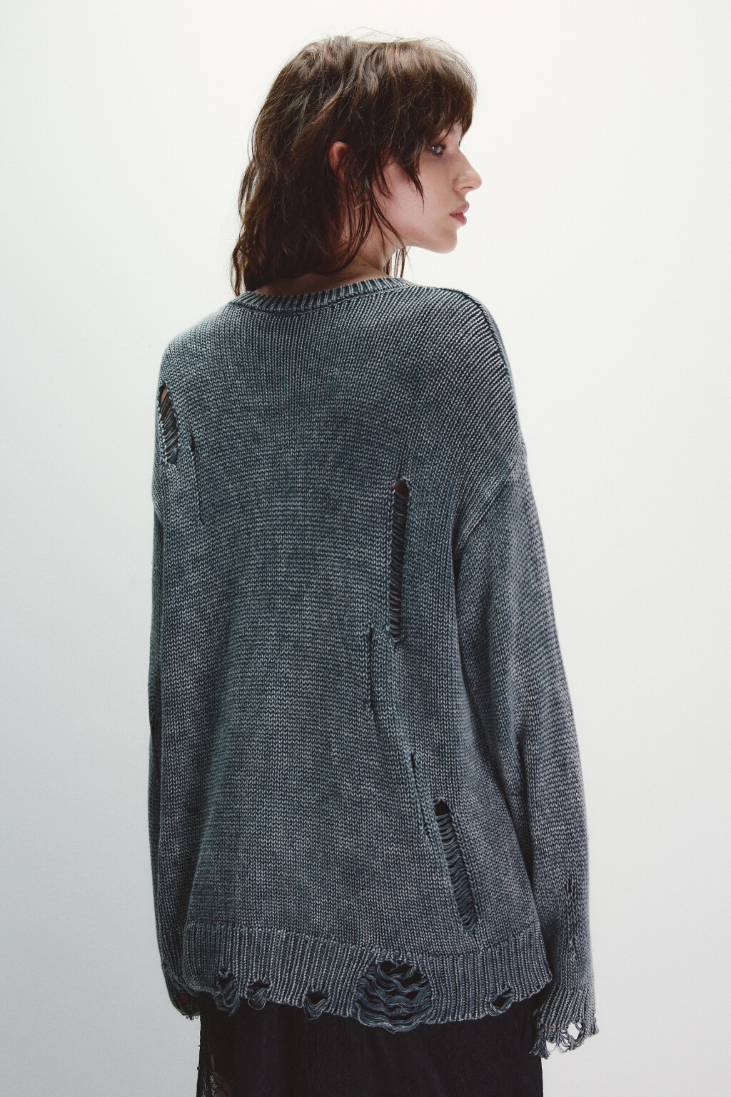 Джемпер вязаный с кружевом и стиркой - цвет серый - 3