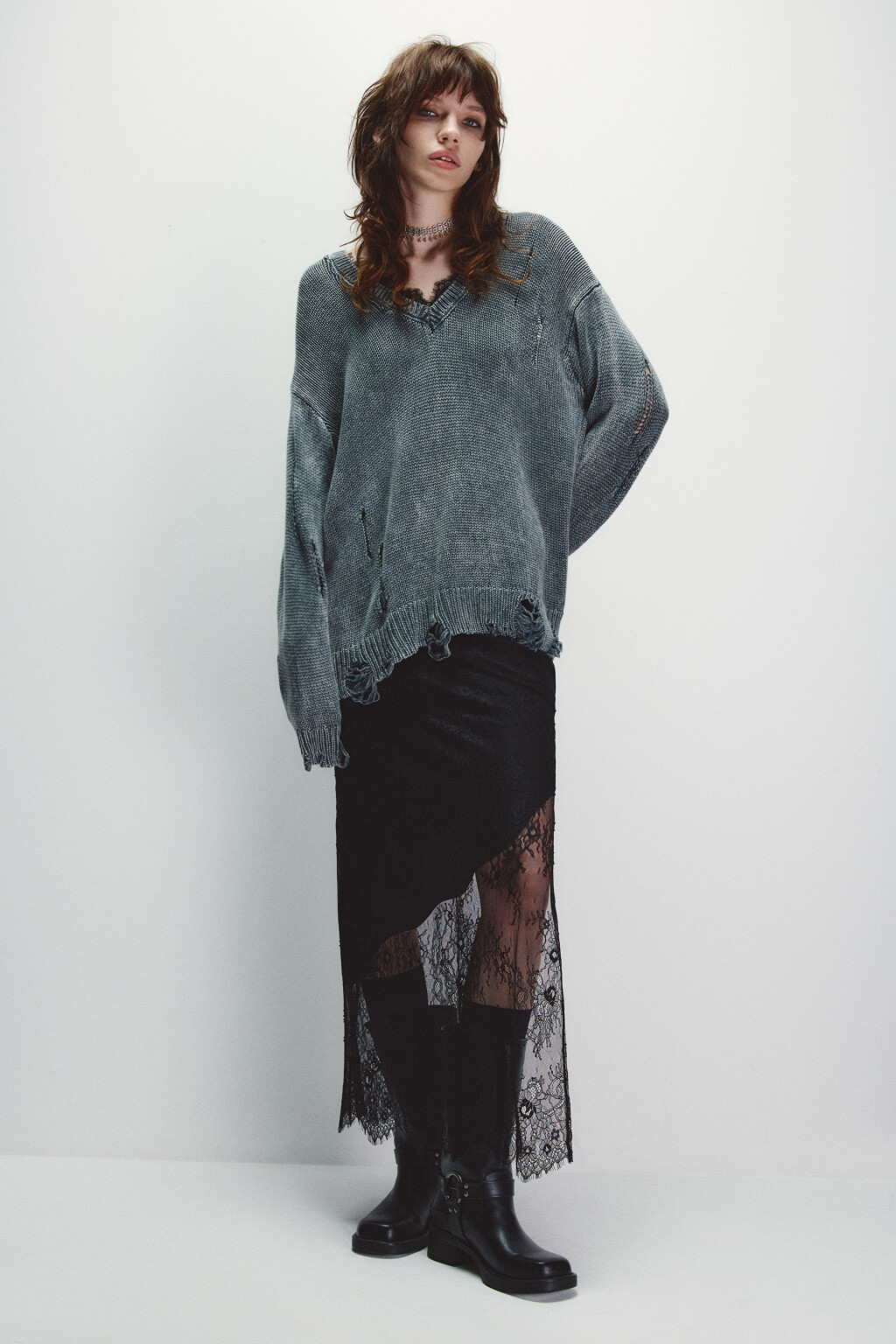 Джемпер вязаный с кружевом и стиркой - цвет серый - 4