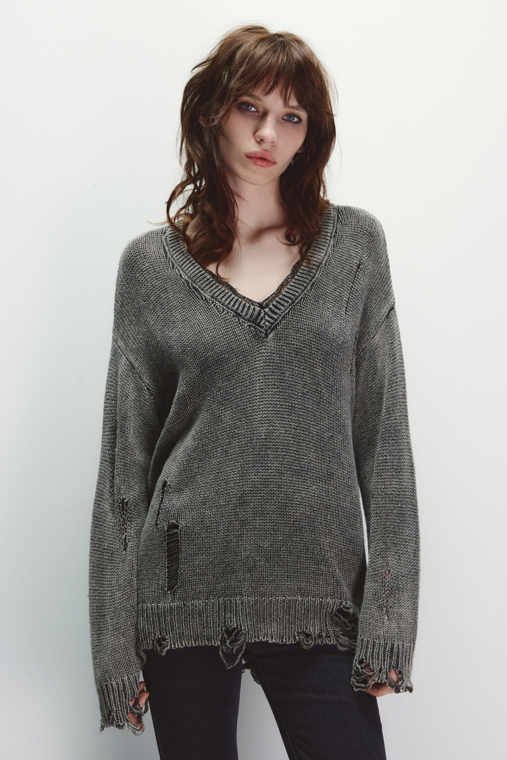 Джемпер вязаный с кружевом и стиркой - цвет бежевый - 2