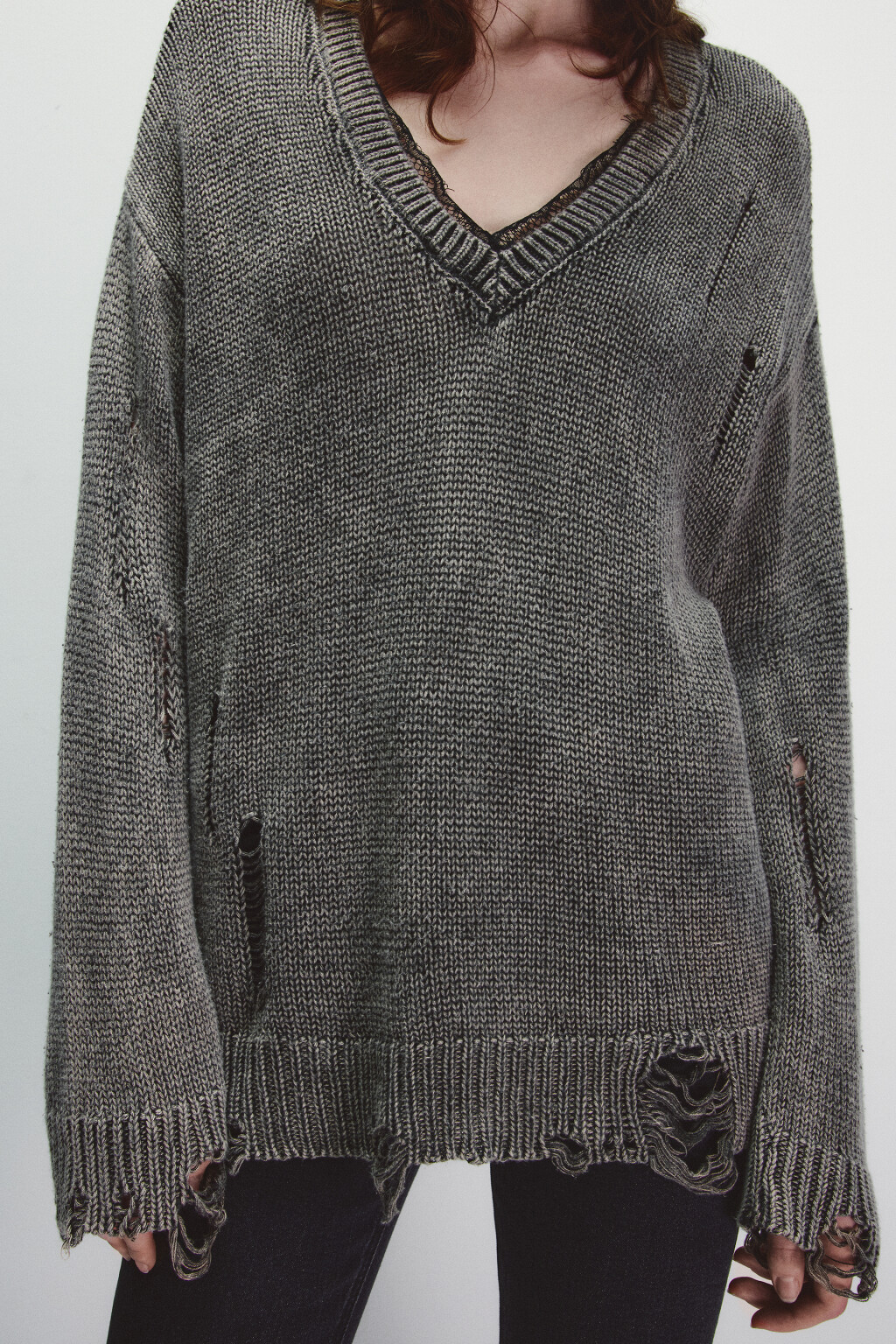 Джемпер вязаный с кружевом и стиркой - цвет бежевый - 5