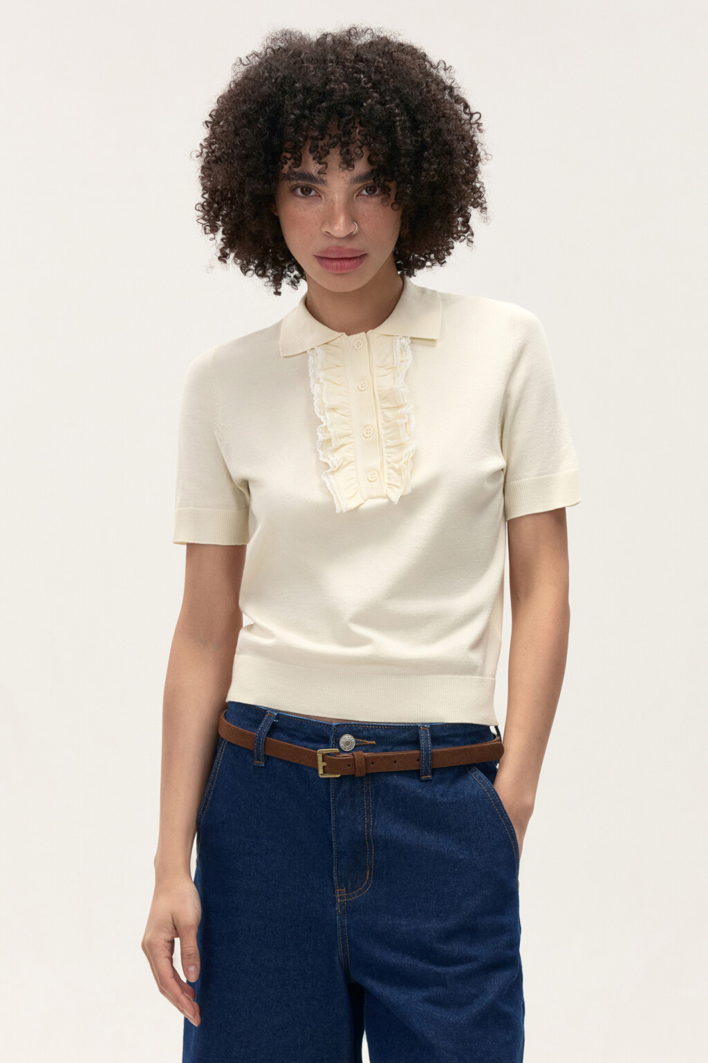 Джемпер-поло вискозный с рюшами - цвет ванильный - 2