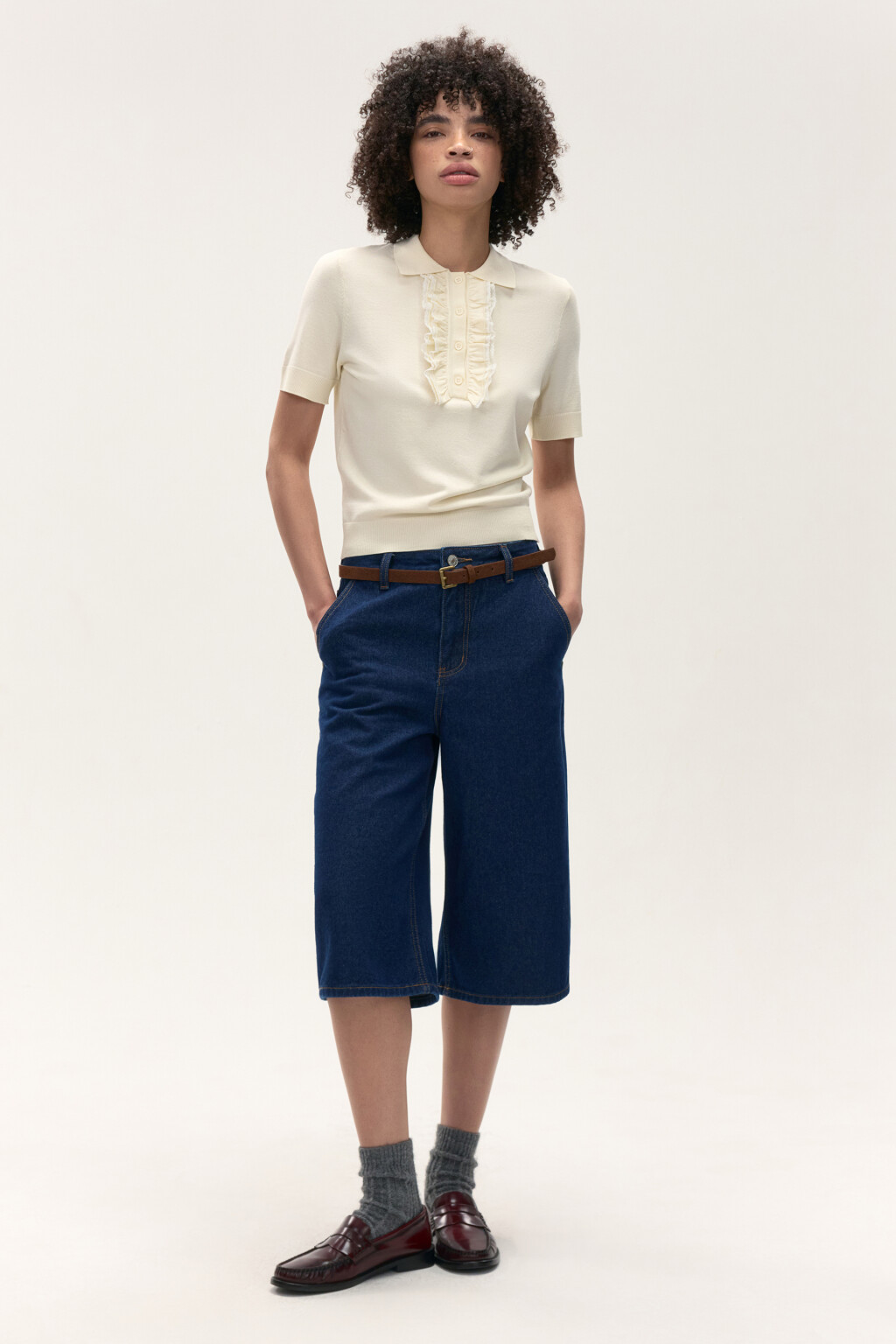 Джемпер-поло вискозный с рюшами - цвет ванильный - 4