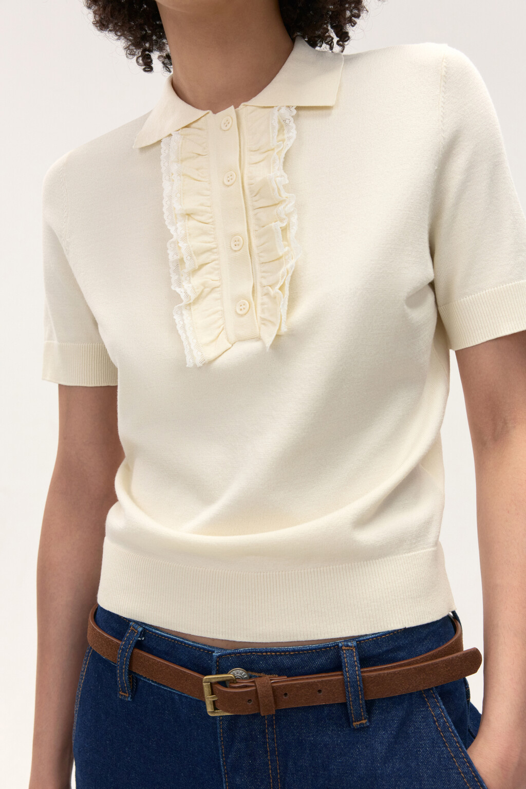 Джемпер-поло вискозный с рюшами - цвет ванильный - 5