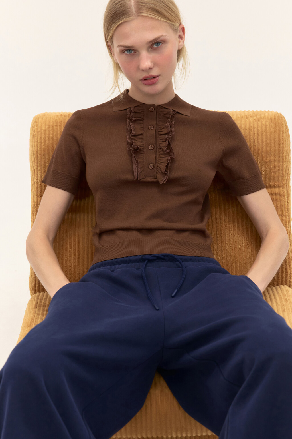 Джемпер-поло вискозный с рюшами - цвет бежевый - 1