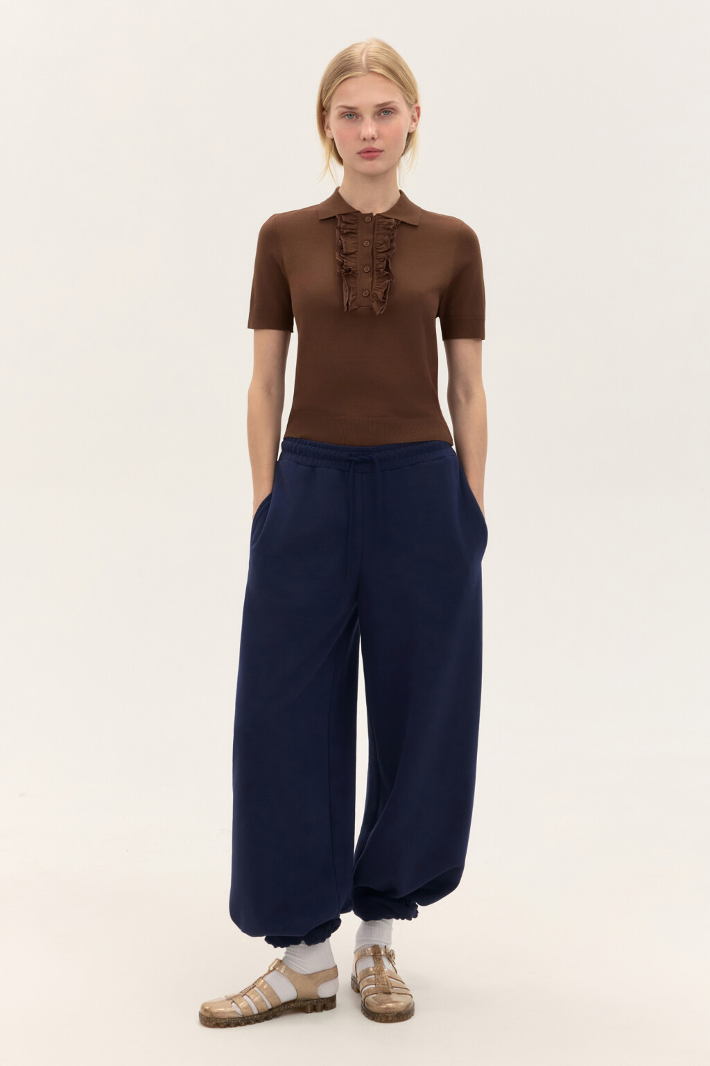 Джемпер-поло вискозный с рюшами - цвет бежевый - 4