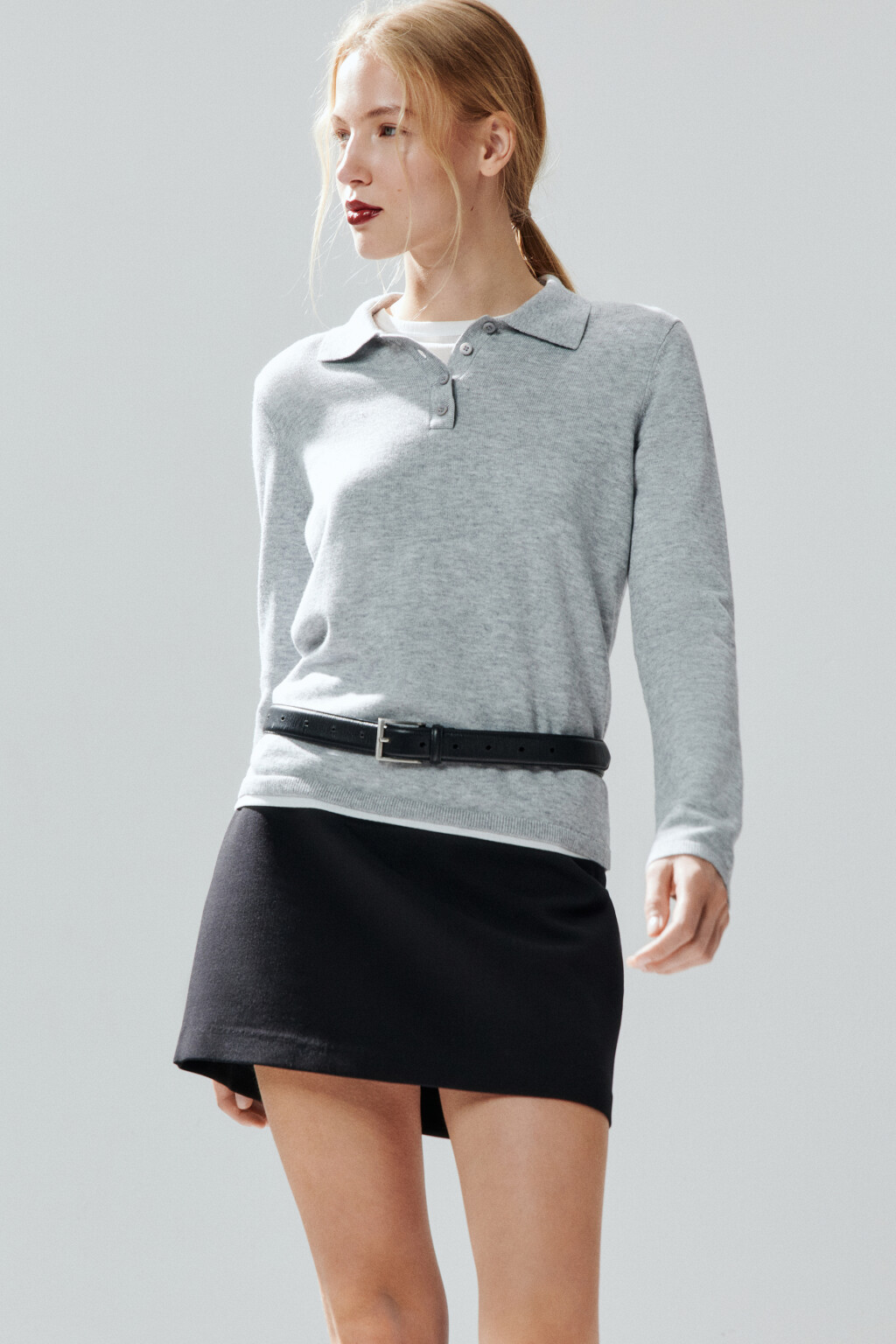 Джемпер-поло тонкой вязки - цвет серый - 1