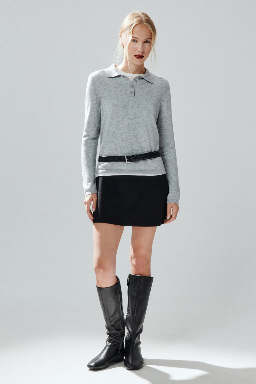 Джемпер-поло тонкой вязки - цвет серый - 5