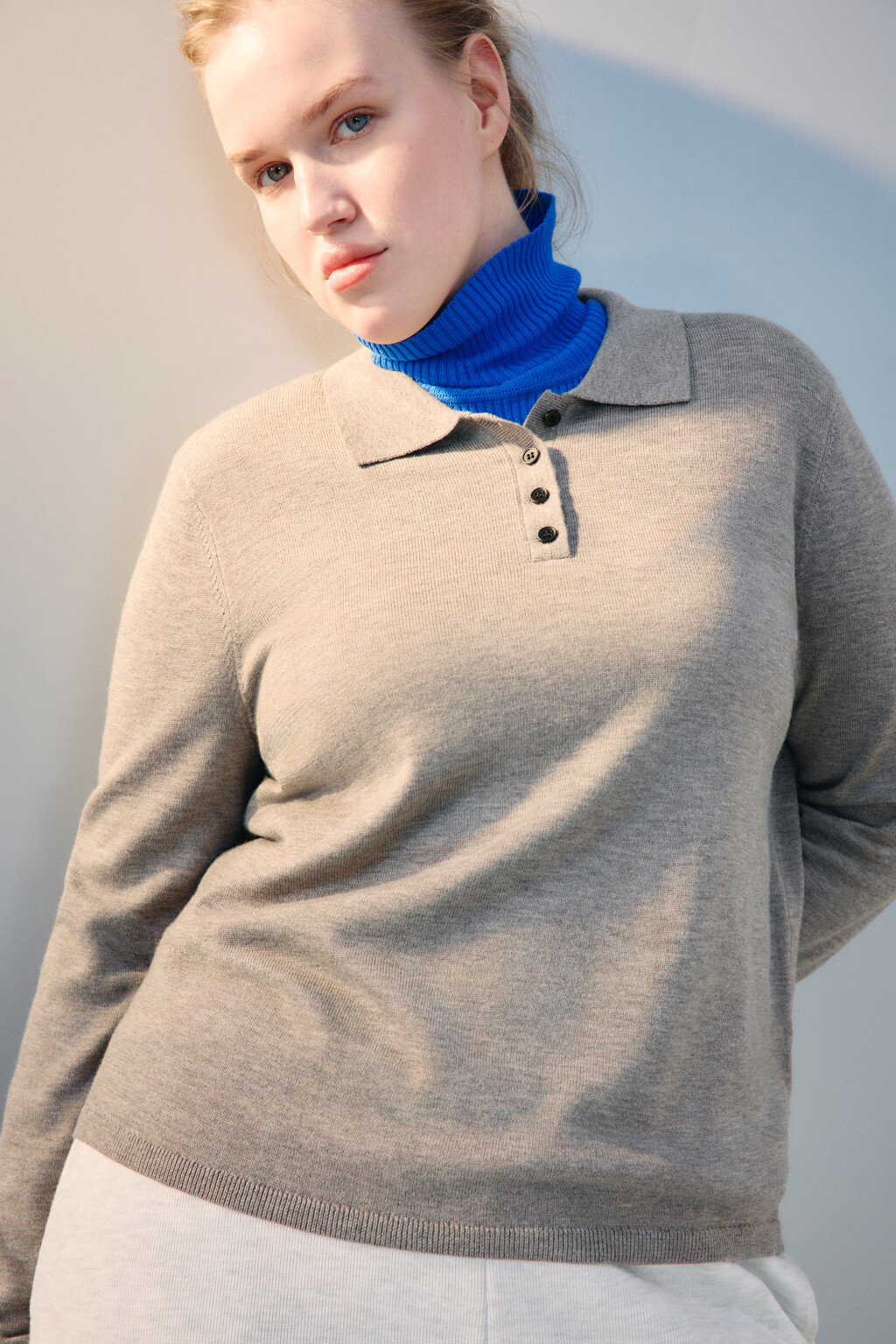 Джемпер-поло тонкой вязки с шерстью - цвет бежевый - 1