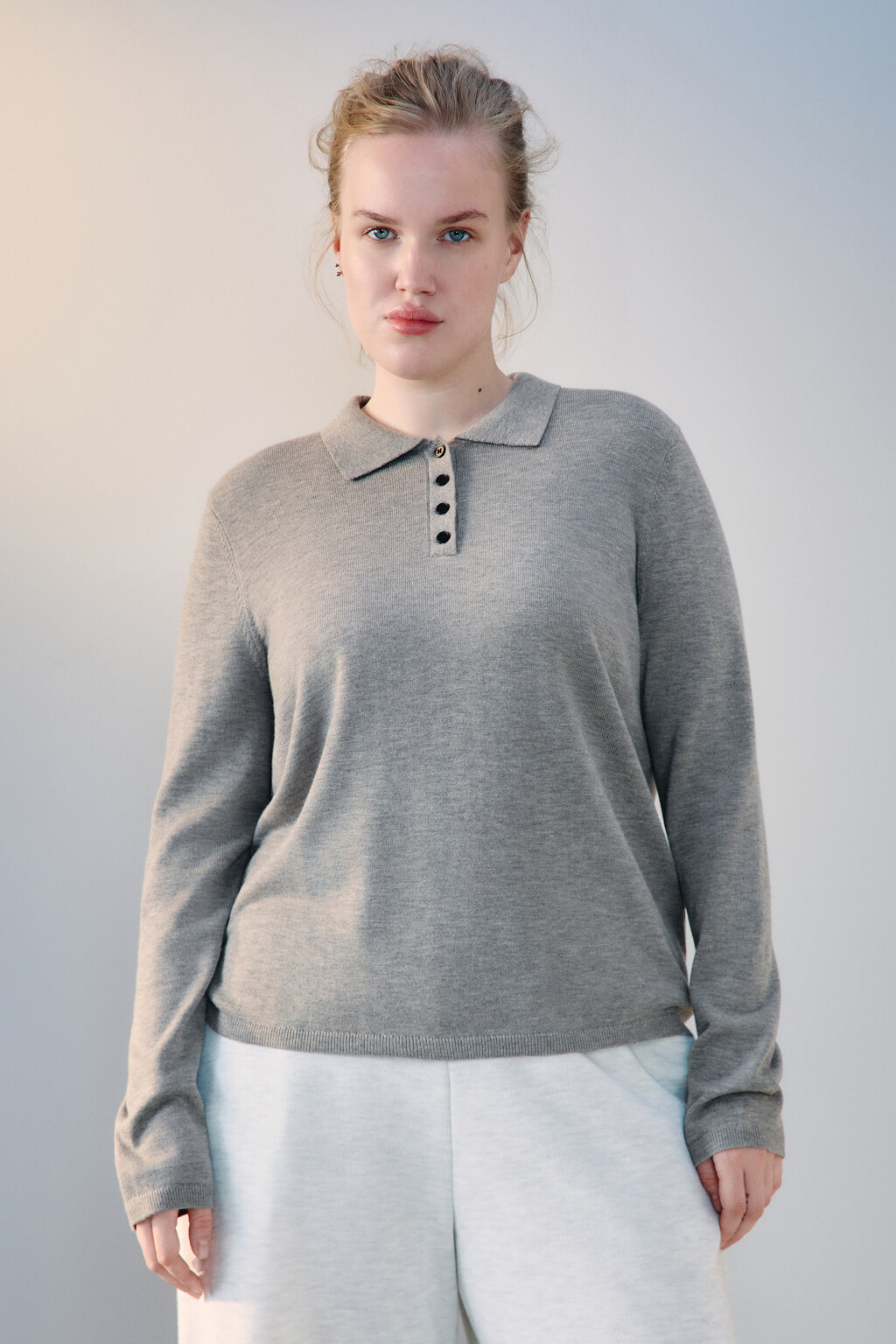 Джемпер-поло тонкой вязки с шерстью - цвет бежевый - 2