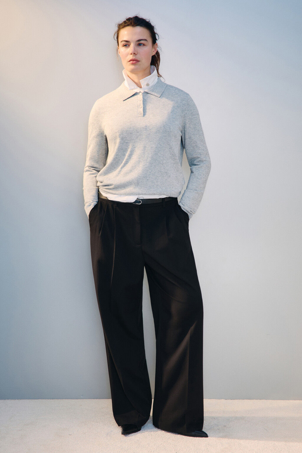 Джемпер-поло тонкой вязки с шерстью - цвет серый - 4