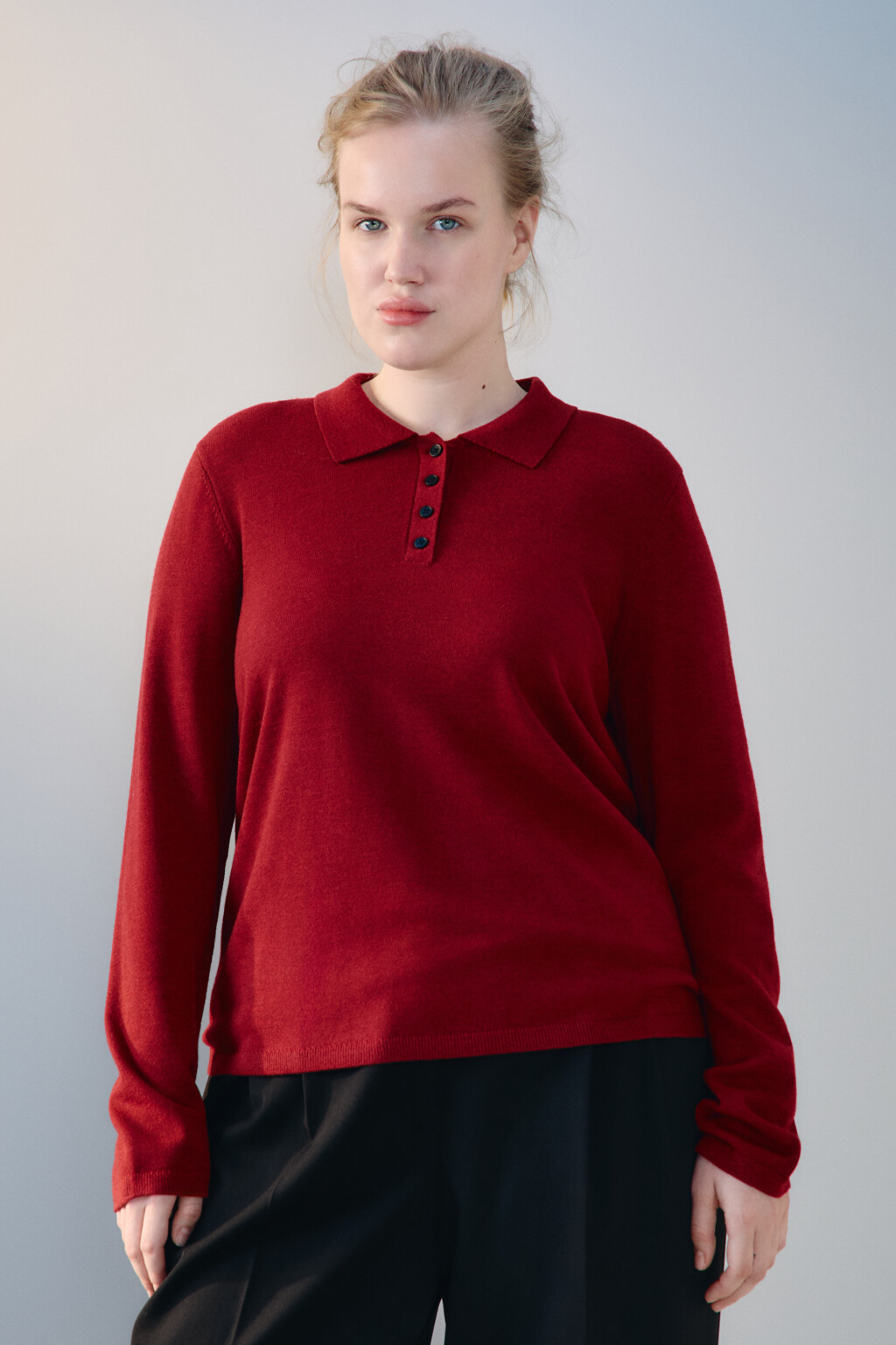 Джемпер-поло тонкой вязки с шерстью - цвет бордовый - 2