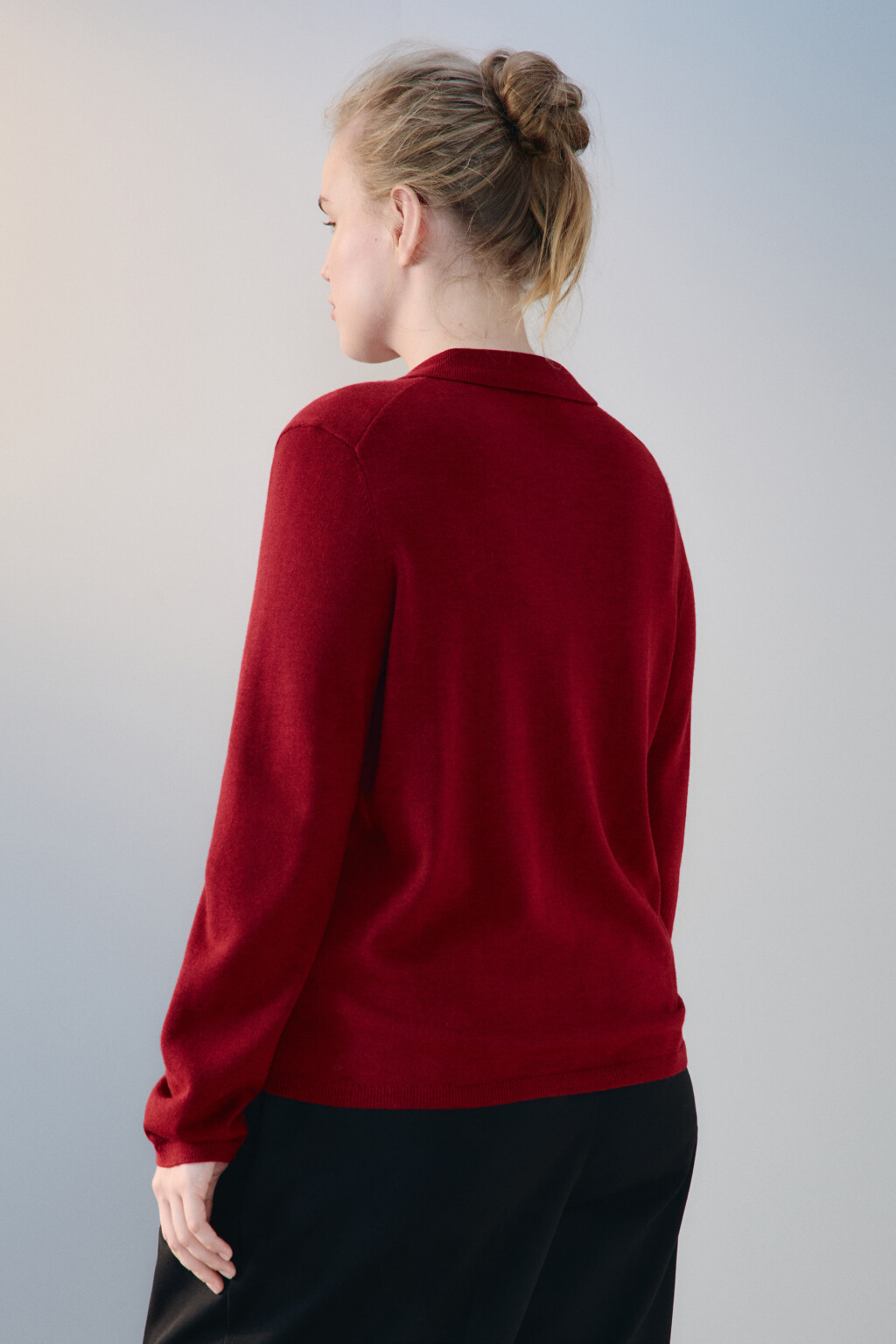 Джемпер-поло тонкой вязки с шерстью - цвет бордовый - 3