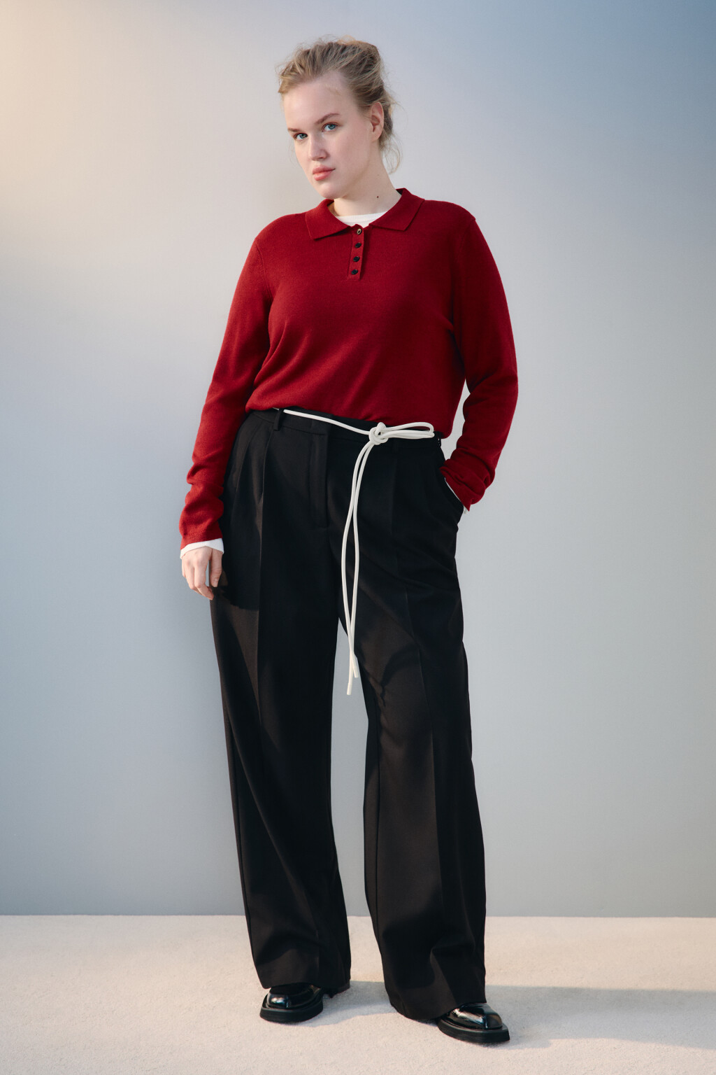 Джемпер-поло тонкой вязки с шерстью - цвет бордовый - 4