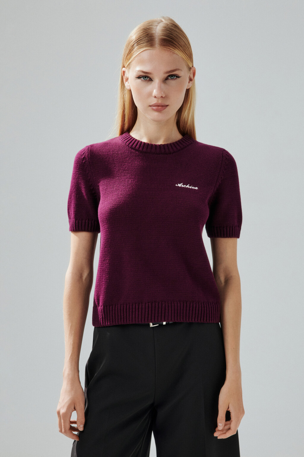 Джемпер вязаный с короткими рукавами - цвет бордовый - 3