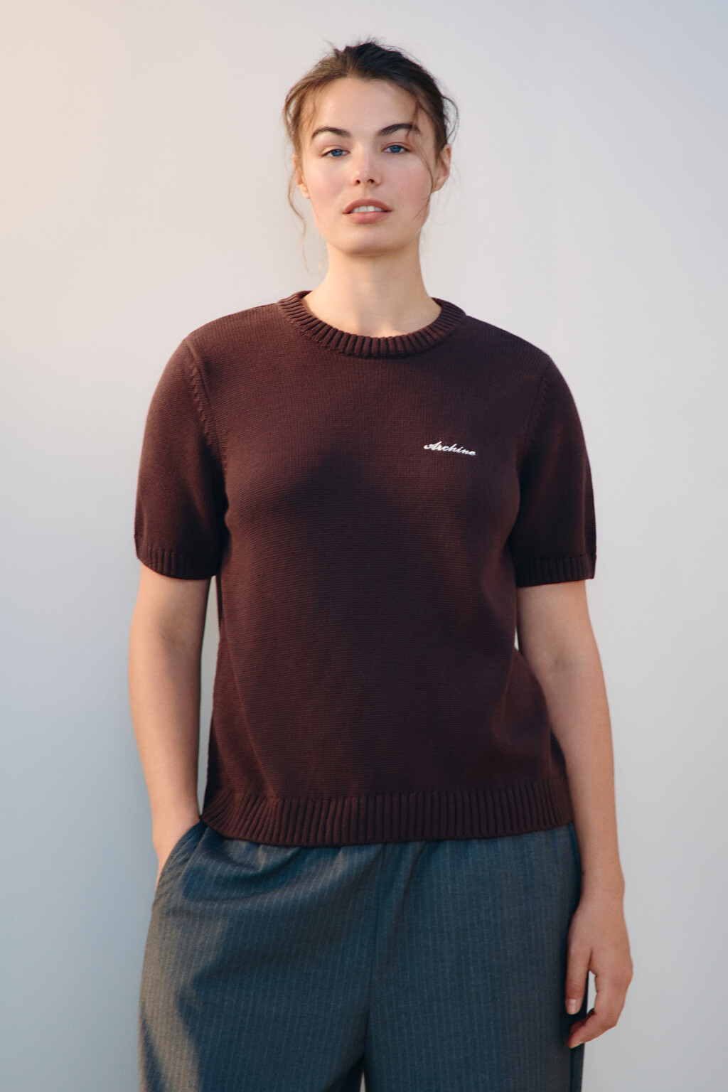 Джемпер вязаный с короткими рукавами - цвет коричневый - 3