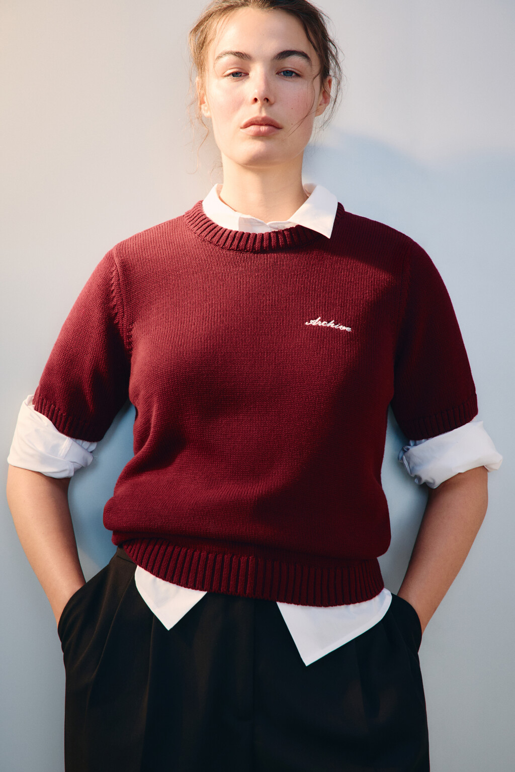 Джемпер вязаный с короткими рукавами - цвет бордовый - 1