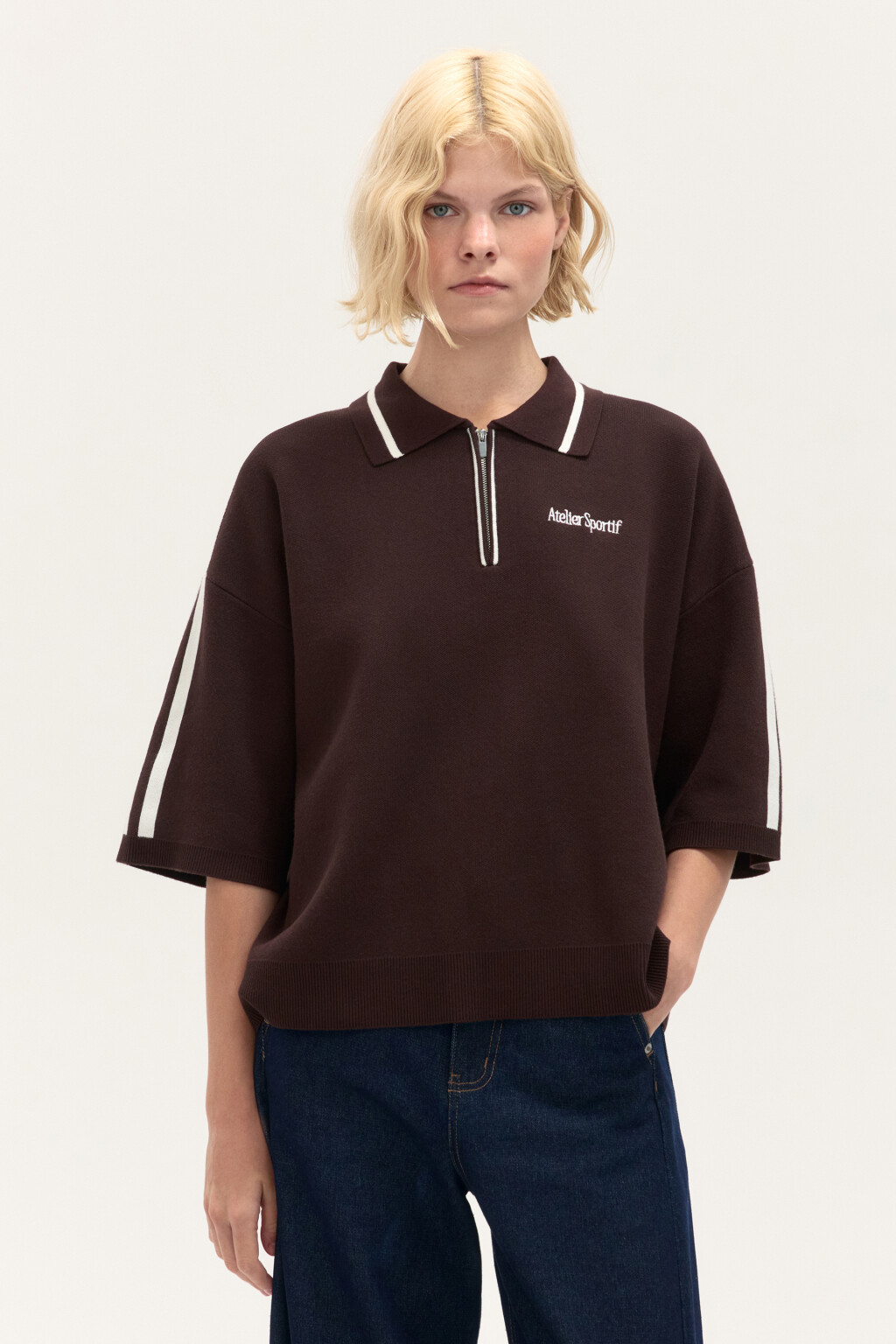 Джемпер-поло свободный с вышивкой - цвет коричневый - 2