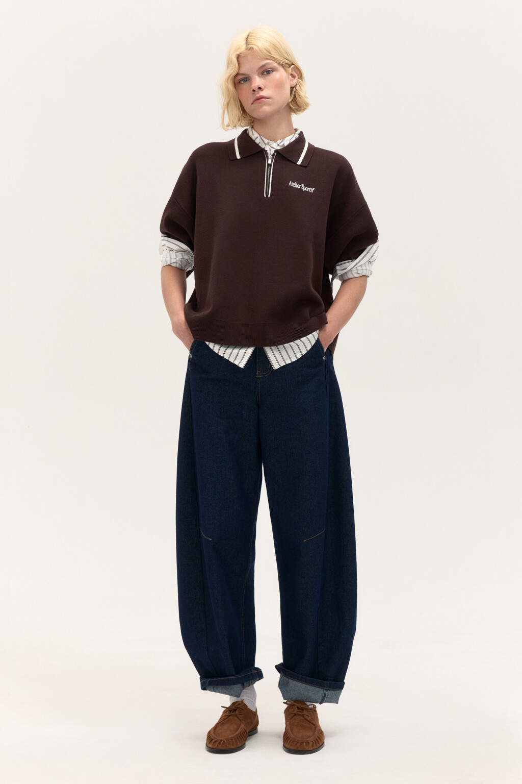Джемпер-поло свободный с вышивкой - цвет коричневый - 4