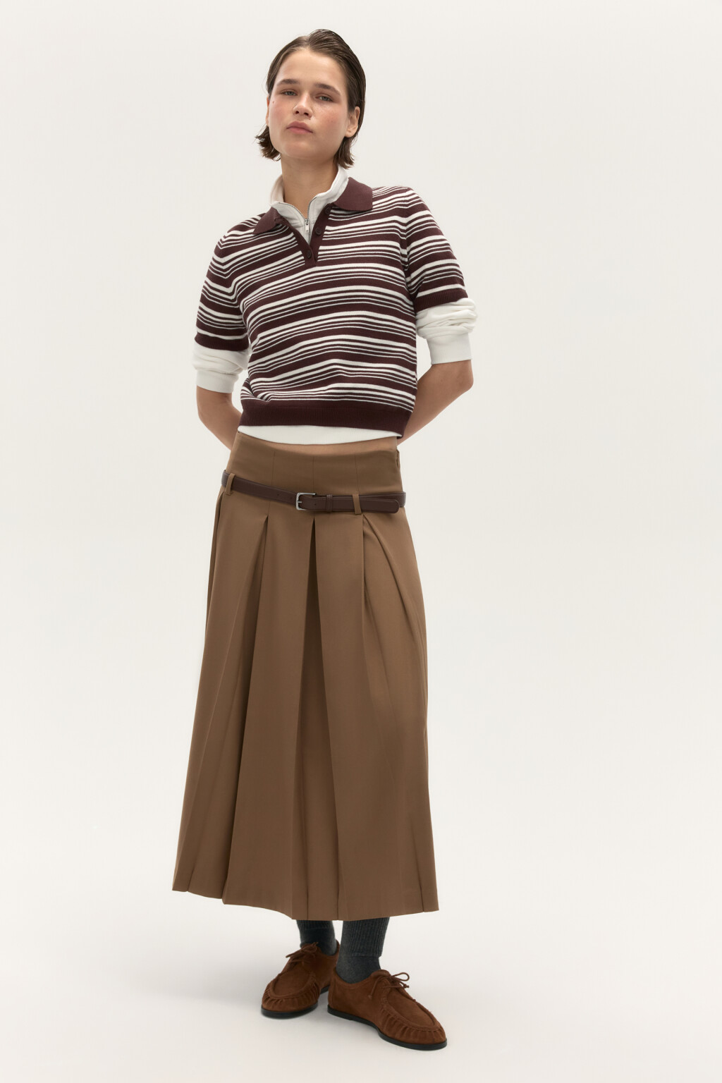 Джемпер-поло вязаный в полоску - цвет коричневый - 2