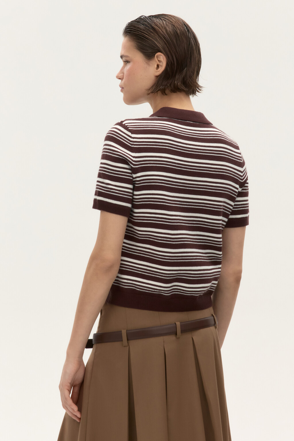 Джемпер-поло вязаный в полоску - цвет коричневый - 4