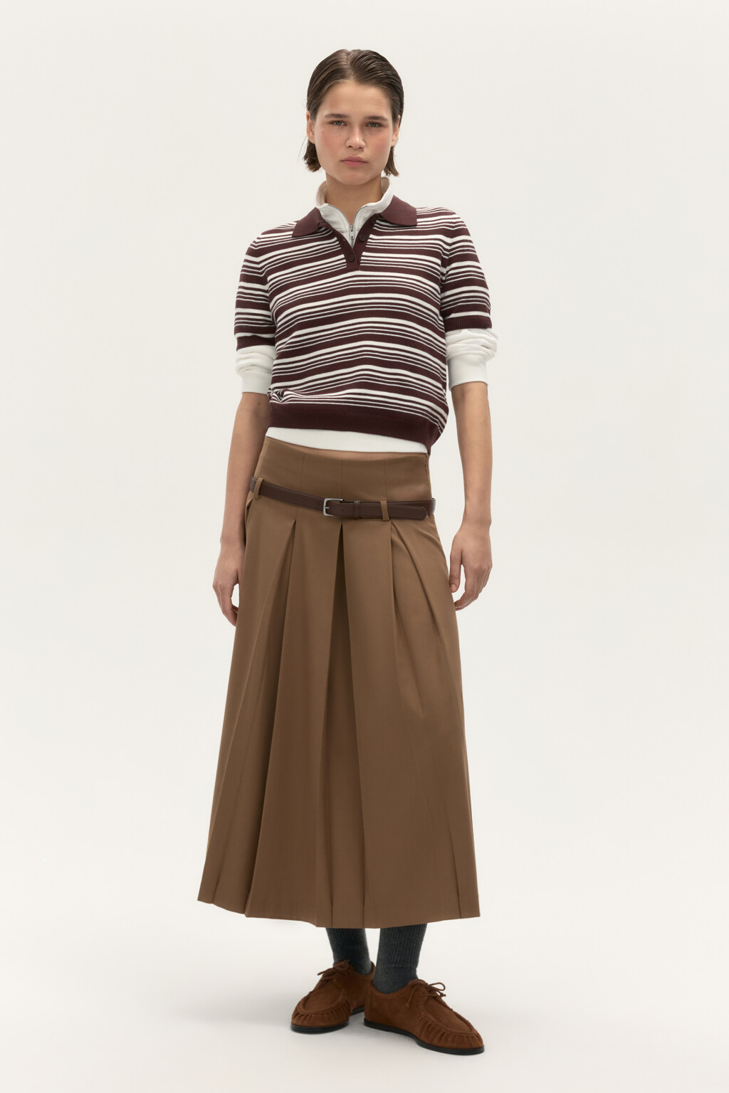 Джемпер-поло вязаный в полоску - цвет коричневый - 5